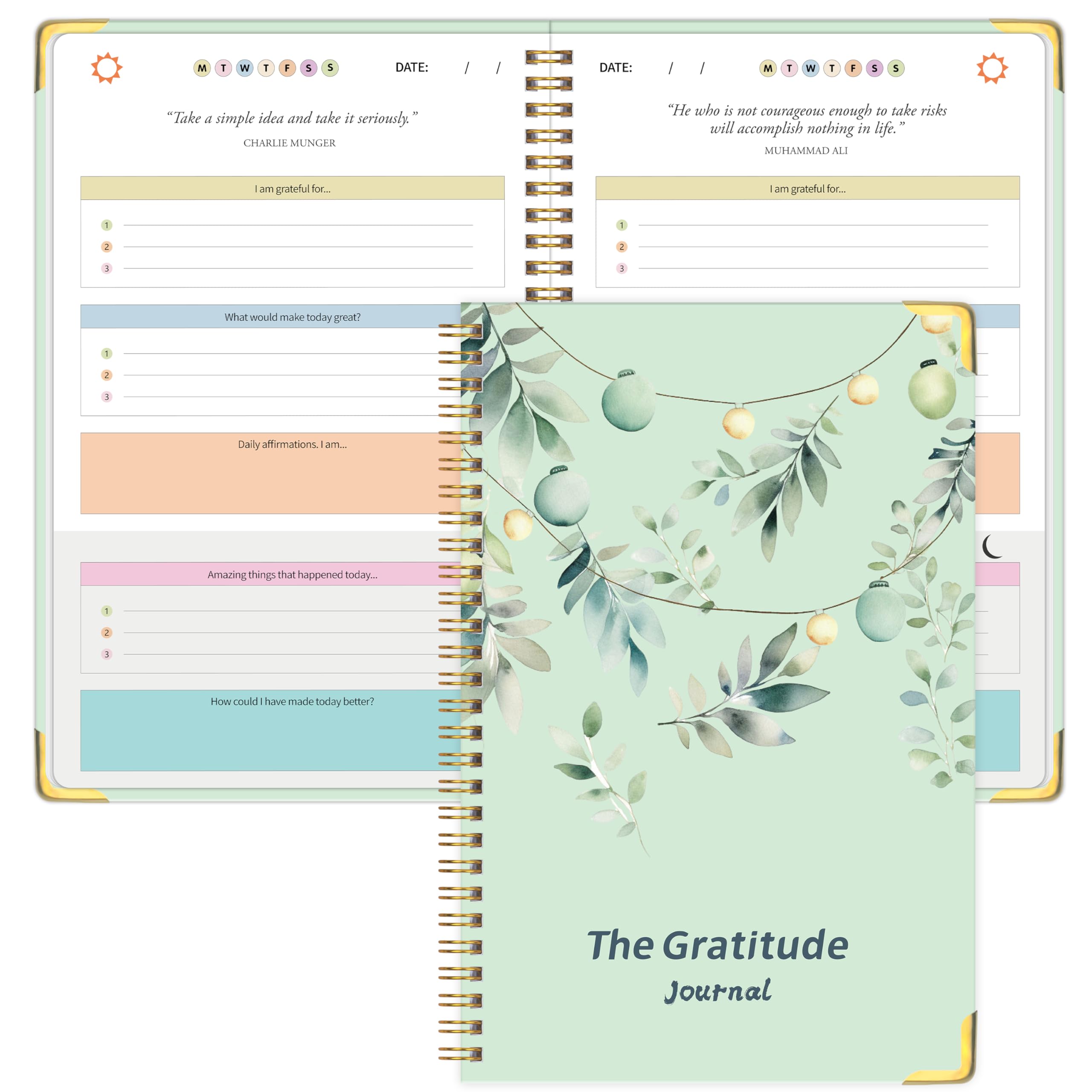 The Gratitude Journal for Women & Men, Hardcover Spiral 5 Minute Daily Gratitude Journal for More Happiness, Optimism, Affirmation & Reflection with Prompts & Quotes, Undated Daily Journals Gifts
