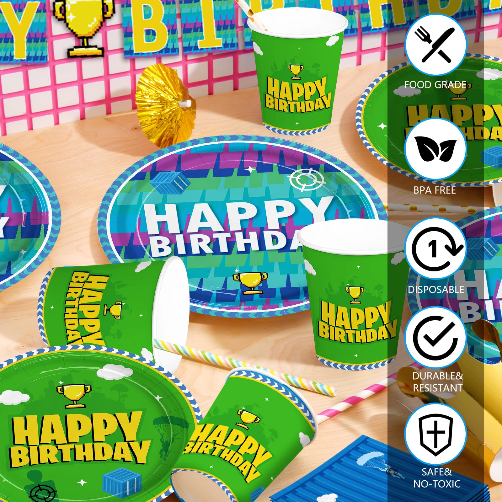 Juego de 194 piezas de decoración de fiesta de cumpleaños de videojuegos, platos de noche, servilletas, temática de llama, vasos de papel, mantel, suministros de fiesta de videojuegos para niños