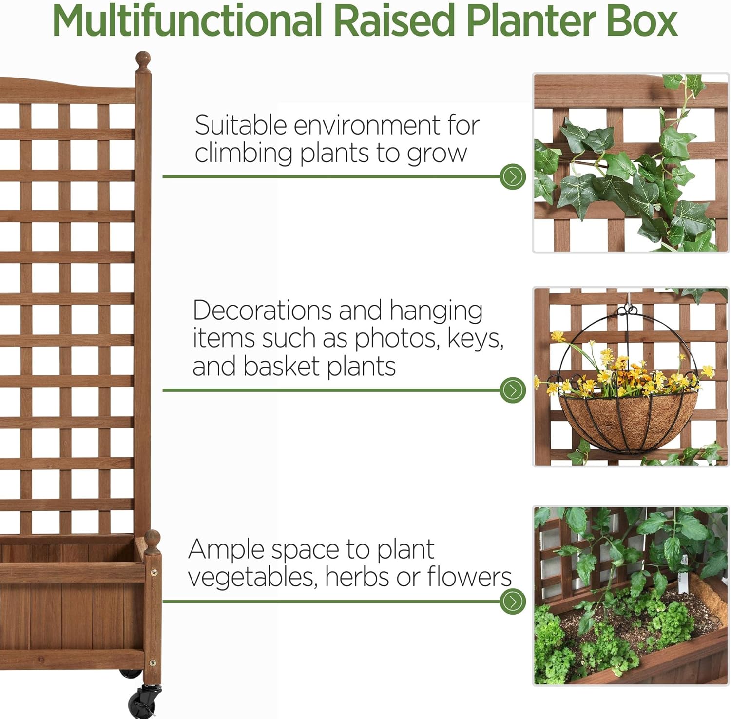 Diagram illustrating the multifunctional uses of the Yaheetech Raised Garden Bed, including climbing plants, decorations, and planting vegetables, herbs, or flowers.