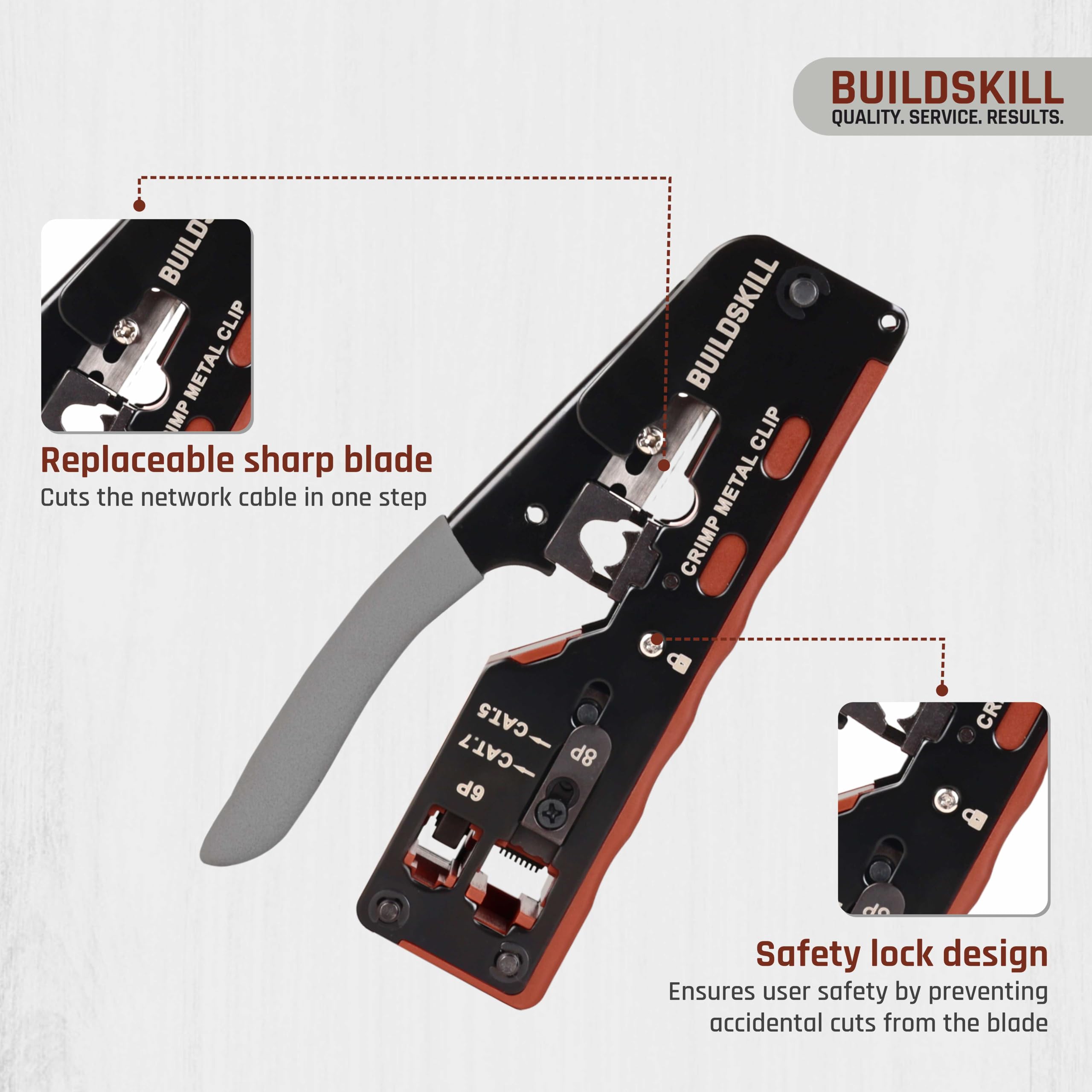 BUILDSKILL 3-in-1 network crimping tool, wire stripper and cutter | safety lock button | soft grip handle | 2mm heavy-duty metal body | ideal ethernet & telephone cables,RJ12, RJ11, RJ45 crimping tool - Image 7 thumbnail