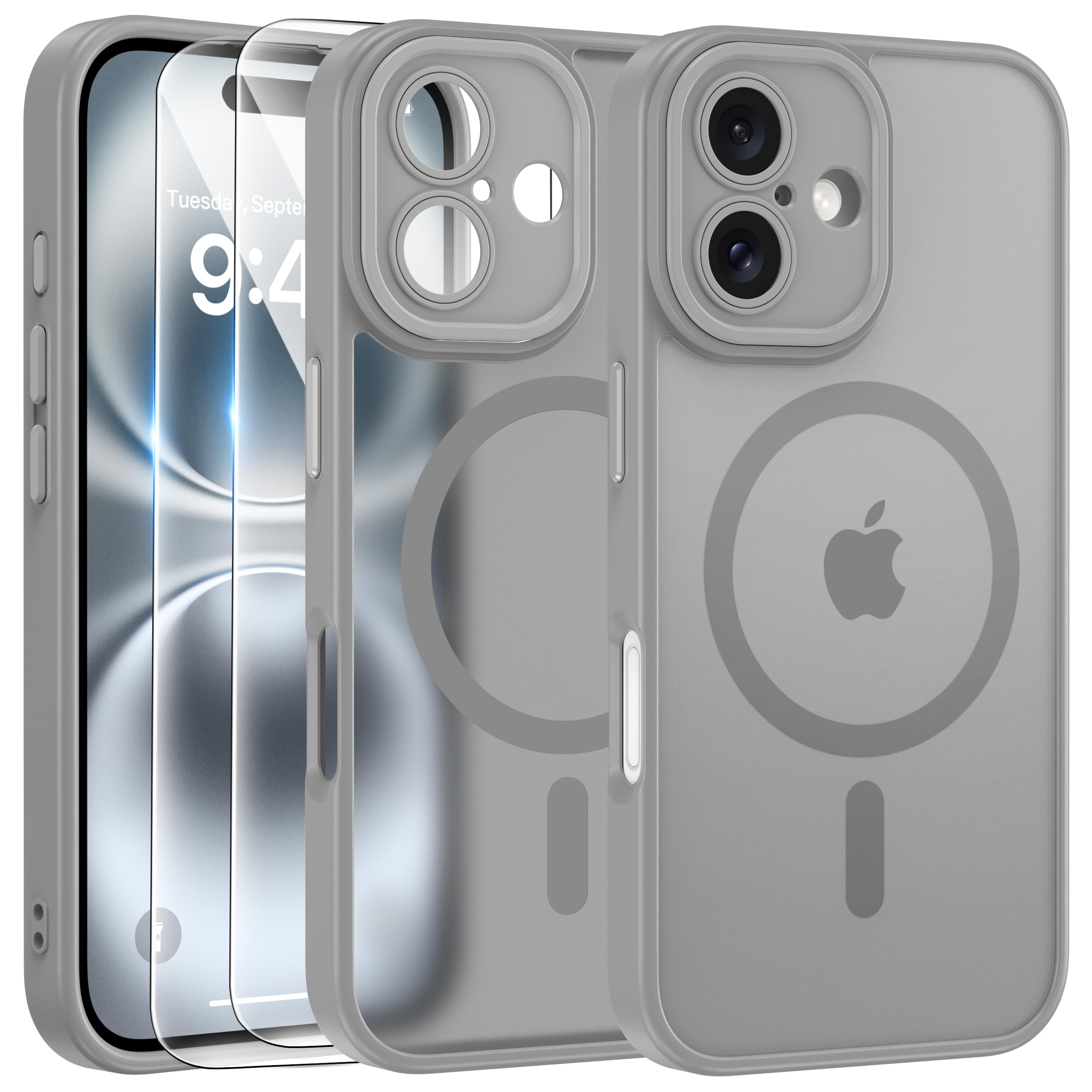 FLLAO Cover Magnetica per iPhone 16 Custodia e 2 Pellicole in Vetro Temperato, Cover iPhone 16 Compatibile con Magsafe, Traslucida Opaca Posteriore Sottile Antiurto Protettiva Case, Grigio