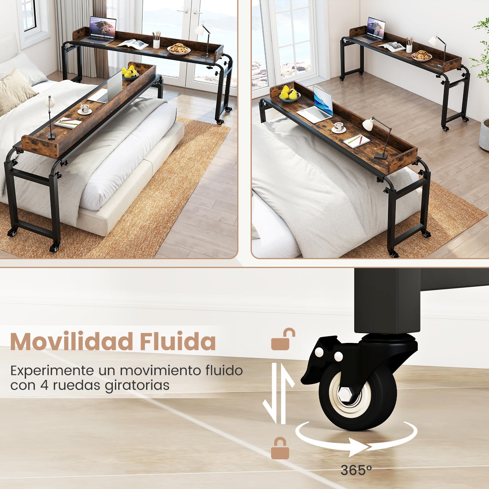 GIANTEX Mesa de Sobrecama con 4 Ruedas, Escritorio Auxiliar con Altura y Ancho Ajustables, Tablero con Borde Anticaído, Estilo Industrial, Mesa Bandeja para Dormitorio, Salón