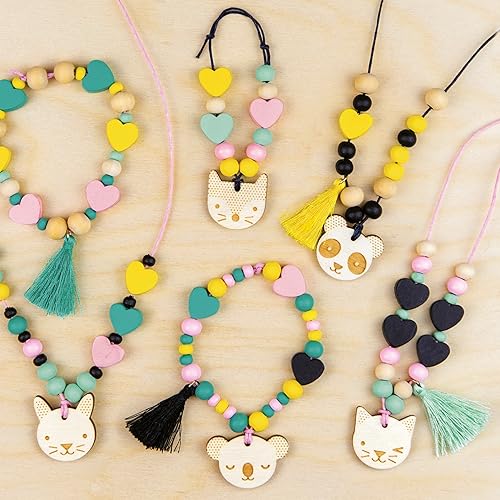 Miniatura 5 de Petit Collage Animal Glam - Juego de joyas de madera para manualidades, juego de actividades para hacer pulseras y collares con dijes para mujeres,
