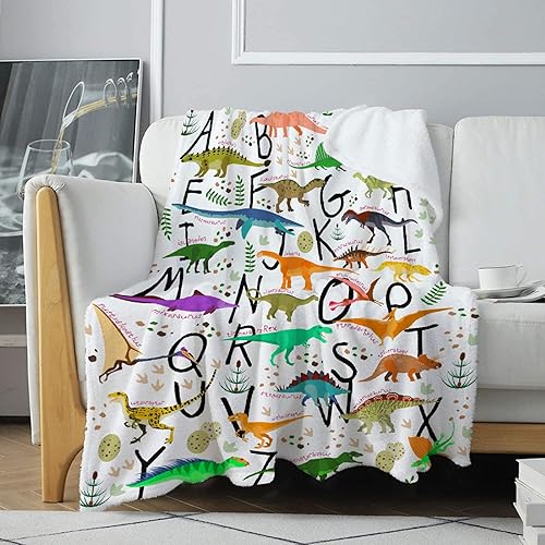 Miniatura 8 de Manta de vellón con alfabeto de dinosaurio, suave, ligera, cálida y mullida para sofá, cama, viajes, 40 x 30 pulgadas para bebé
