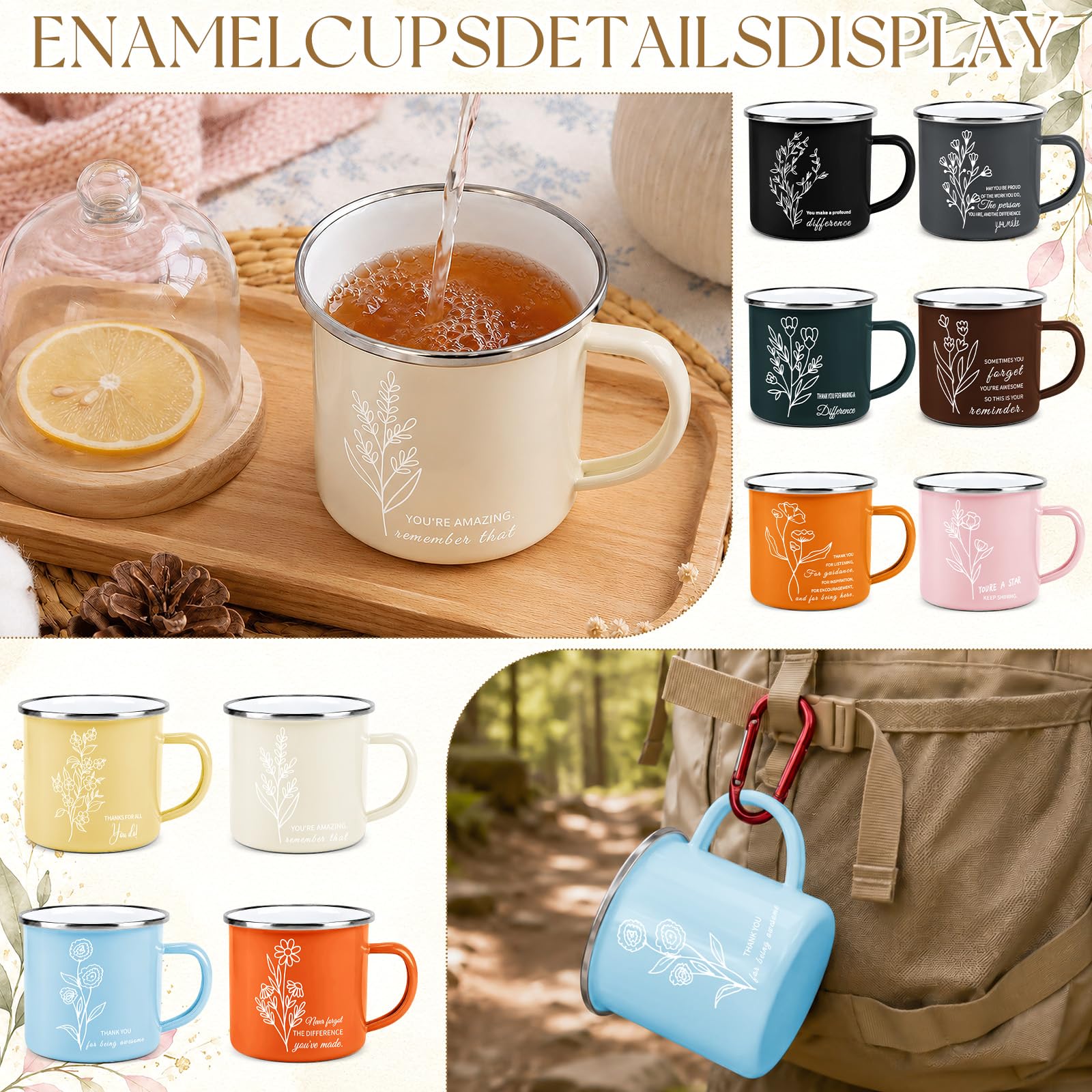 10er Set Bunte Emaille Tassen mit Blumenmuster 350ml für Camping
