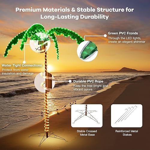 Miniatura 7 de Tangkula Palmera con luz LED de 7 pies con 306 luces LED para patio exterior, palmera de coco iluminada estilo hawaiano, decoración navideña para
