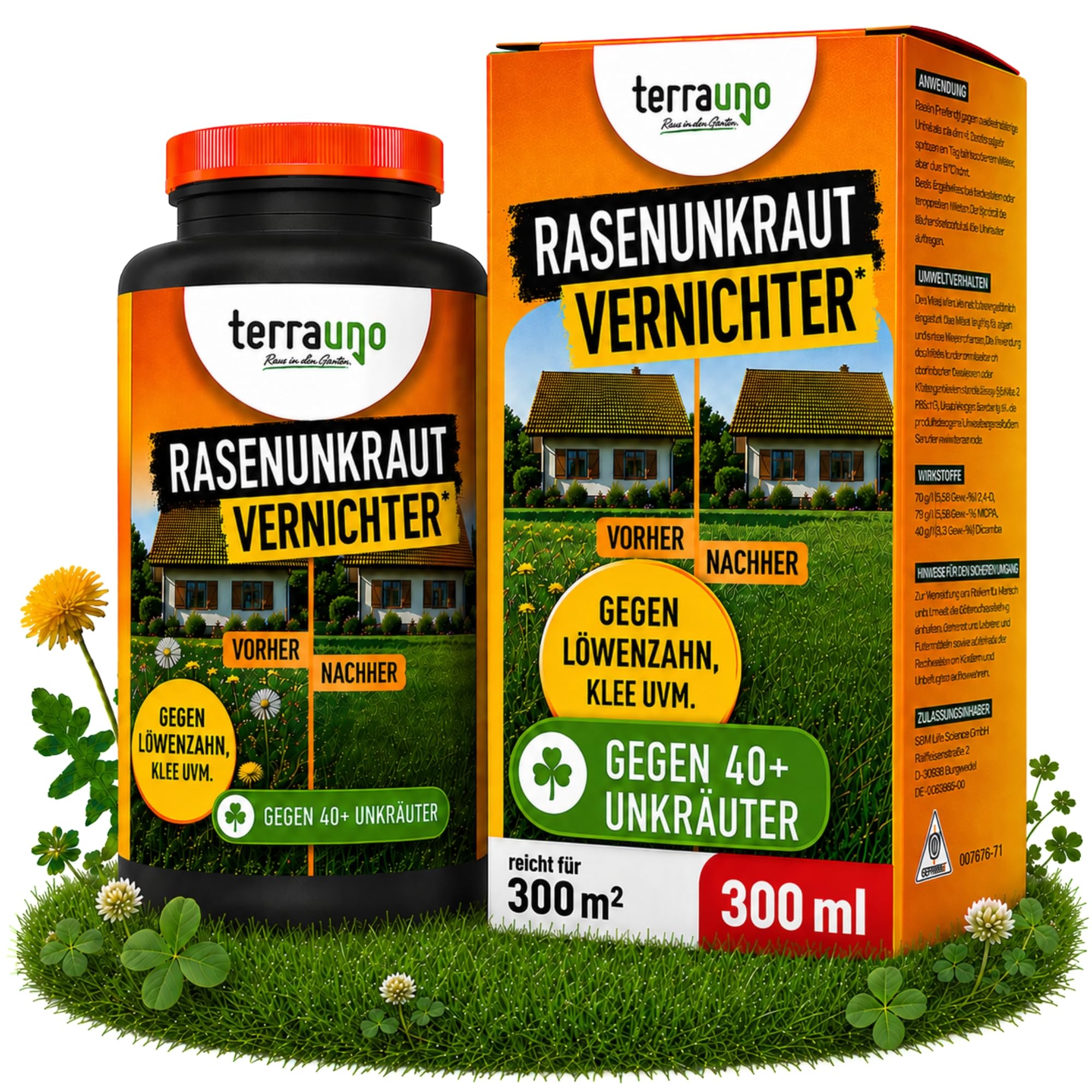 TerraUno Unkrautvernichter Rasen, Flüssiges Unkrautvernichtungsmittel extra stark, gegen über 40 Unkräuter, Löwenzahn und Klee Vernichter, Rasenunkrautvernichter mit wurzeltiefer Wirkung