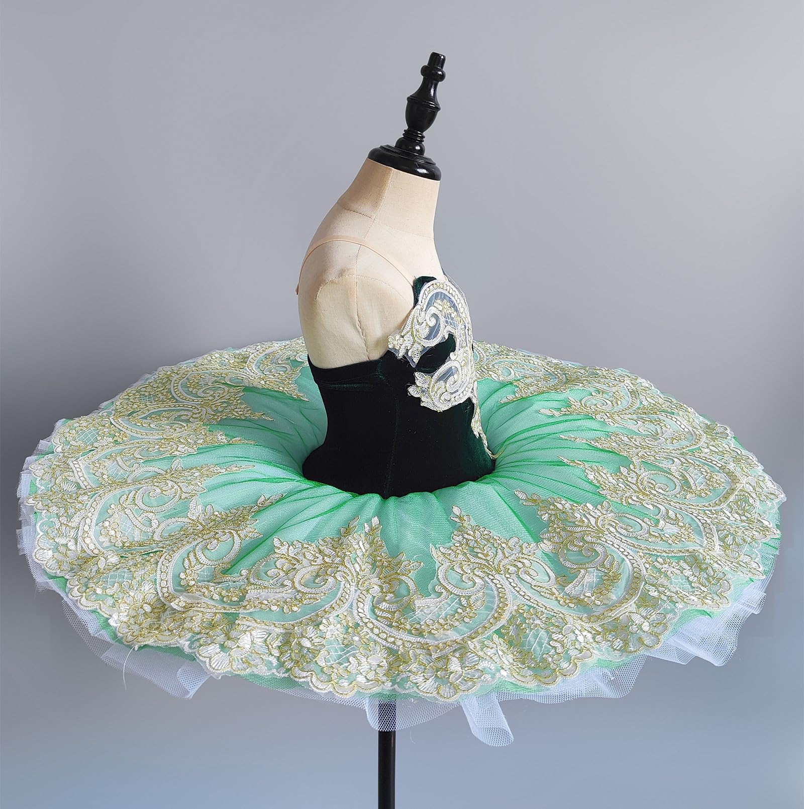 tutù Pancake Verde Velluto per Bambine Abito da Danza Classica Gonna in Tulle Ricamata Costume da Competizione