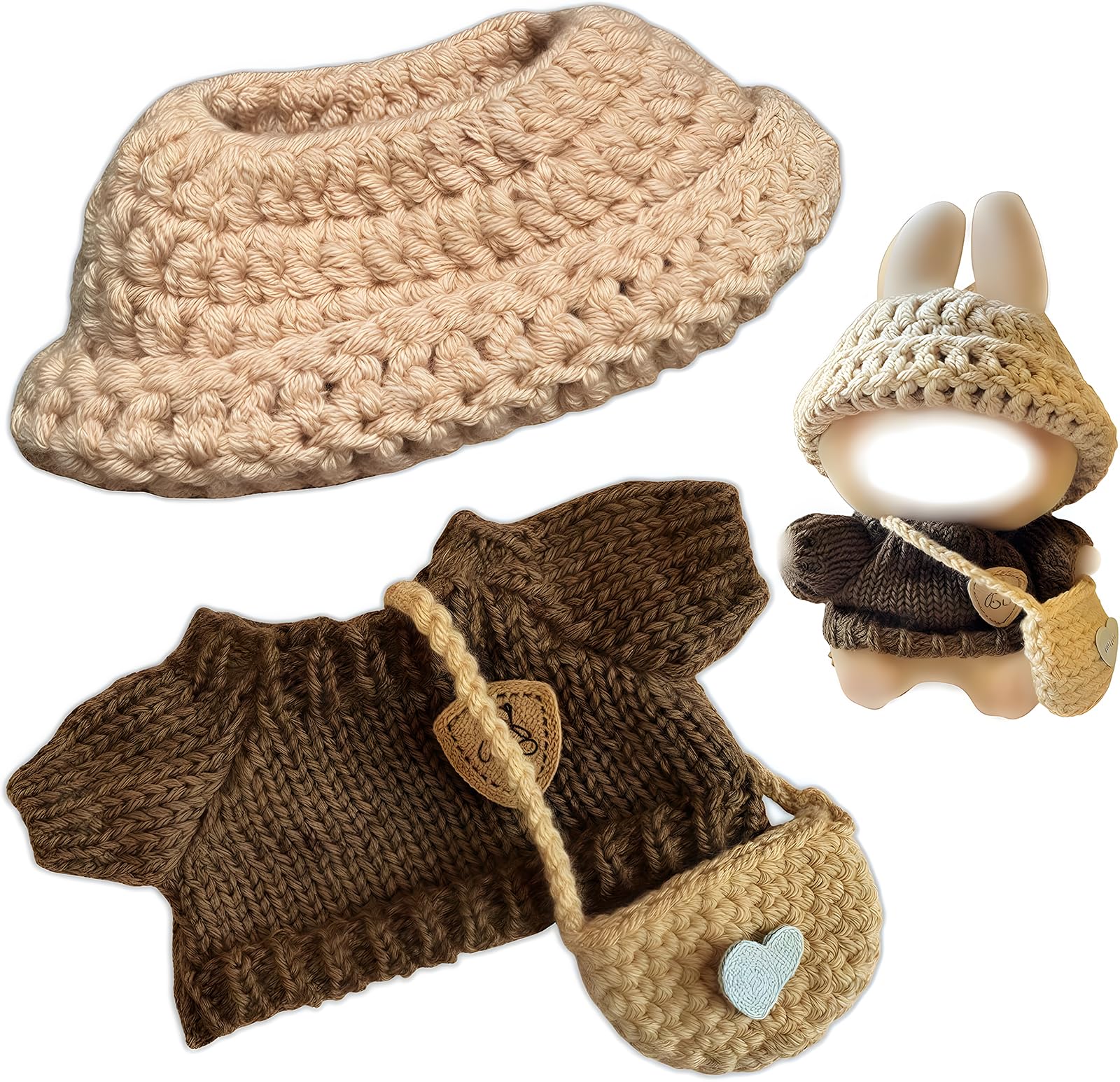 17cm Kawaii Doll Clothes Set for Labubu, 3-Piece Handcrafted Crochet, Compatible with 5.91-6.7inch Dolls, Hand Crocheted Hat, Sweaters, Bag (Knitted,