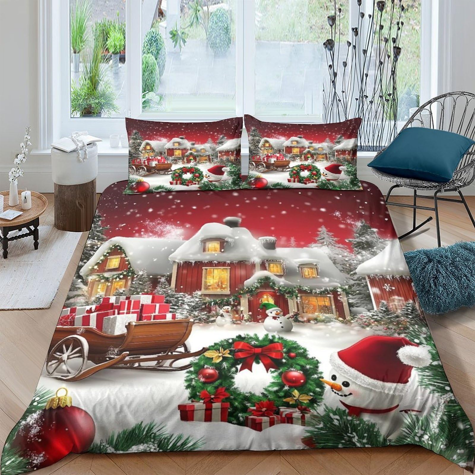 Ctjqhvkz Style-8 3D Printed Christmas Village Fitted Sheet Microfiber Soft Red Snowman Bed Cover For Bedroom Guest Room Decor Single（135X200cm）