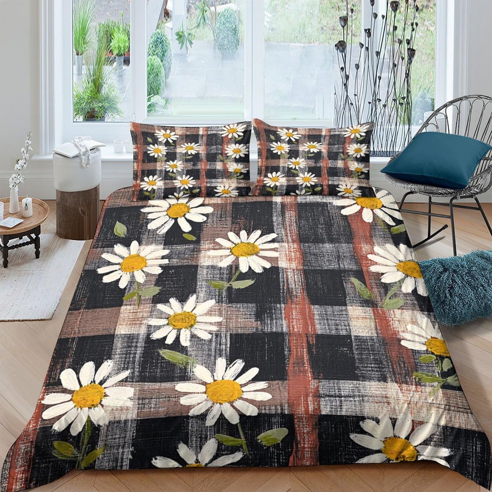 Ctjqhvkz Style-6 3D Printed Daisy Plaid Fitted Sheet Microfiber Soft Floral Bed Cover For Bedroom Guest Room Mattress Decor Single（135X200cm）