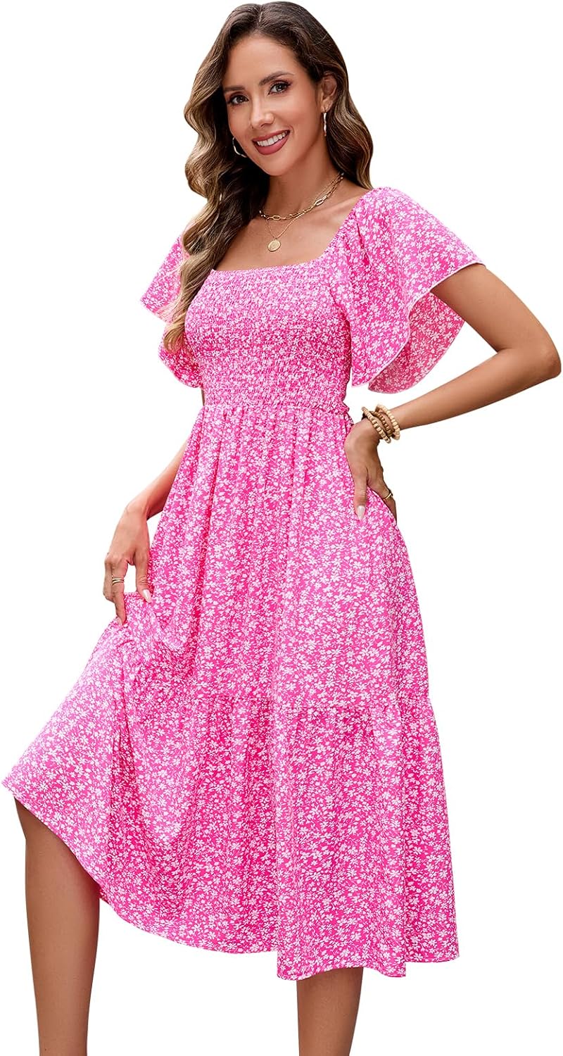Summer Casual Floral Dresses for Women Beach Vacation Midi Sundresses Short Sleeve Square Neck Boho Flowy Smocked Dress - Image 2