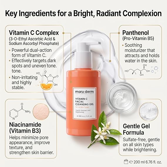 Maruderm C Vitamini Yüz Yıkama Jeli – Aydınlık Görünüm Destekleyici Günlük Yüz Temizleme Jeli, Niasinamid & Aloe Vera ile, 200 ML