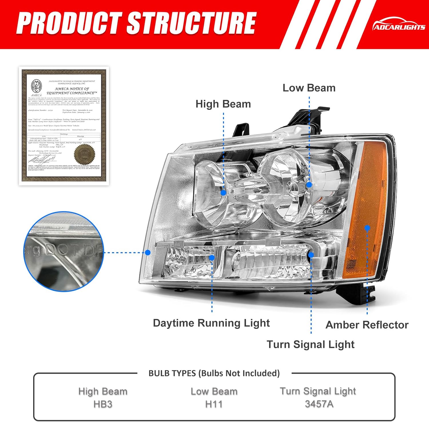 Headlights Compatible with Chevy 2007-2013 Avalanche / 2007-2014 Tahoe / 07-14 Suburban 1500/07-13 Suburban 2500 Chrome Housing Amber Reflector Replacement Pair