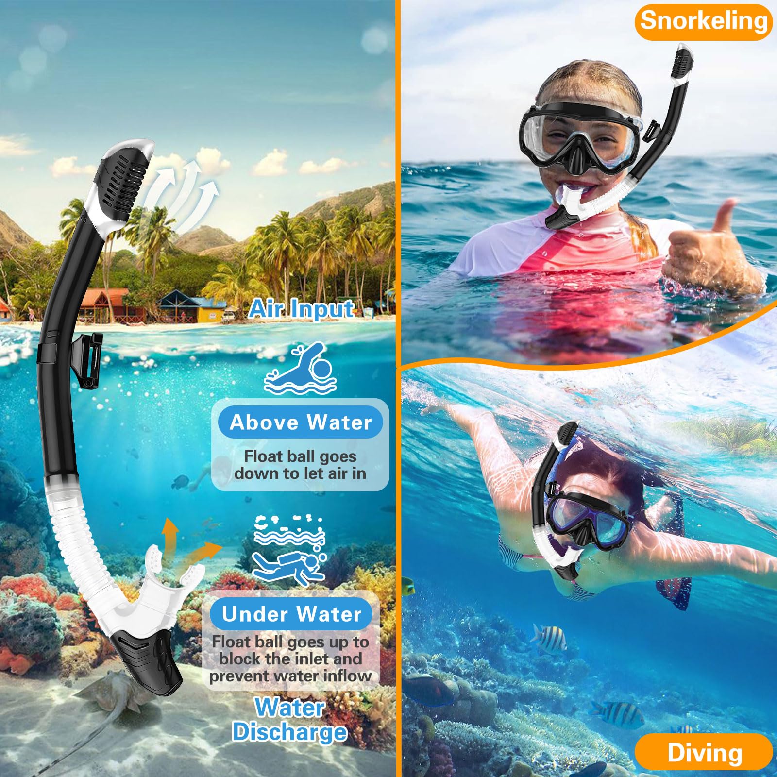 Maschera Snorkeling Panoramica 180° Anti-Nebbia Subacquea Adulti con Boccaglio Nero