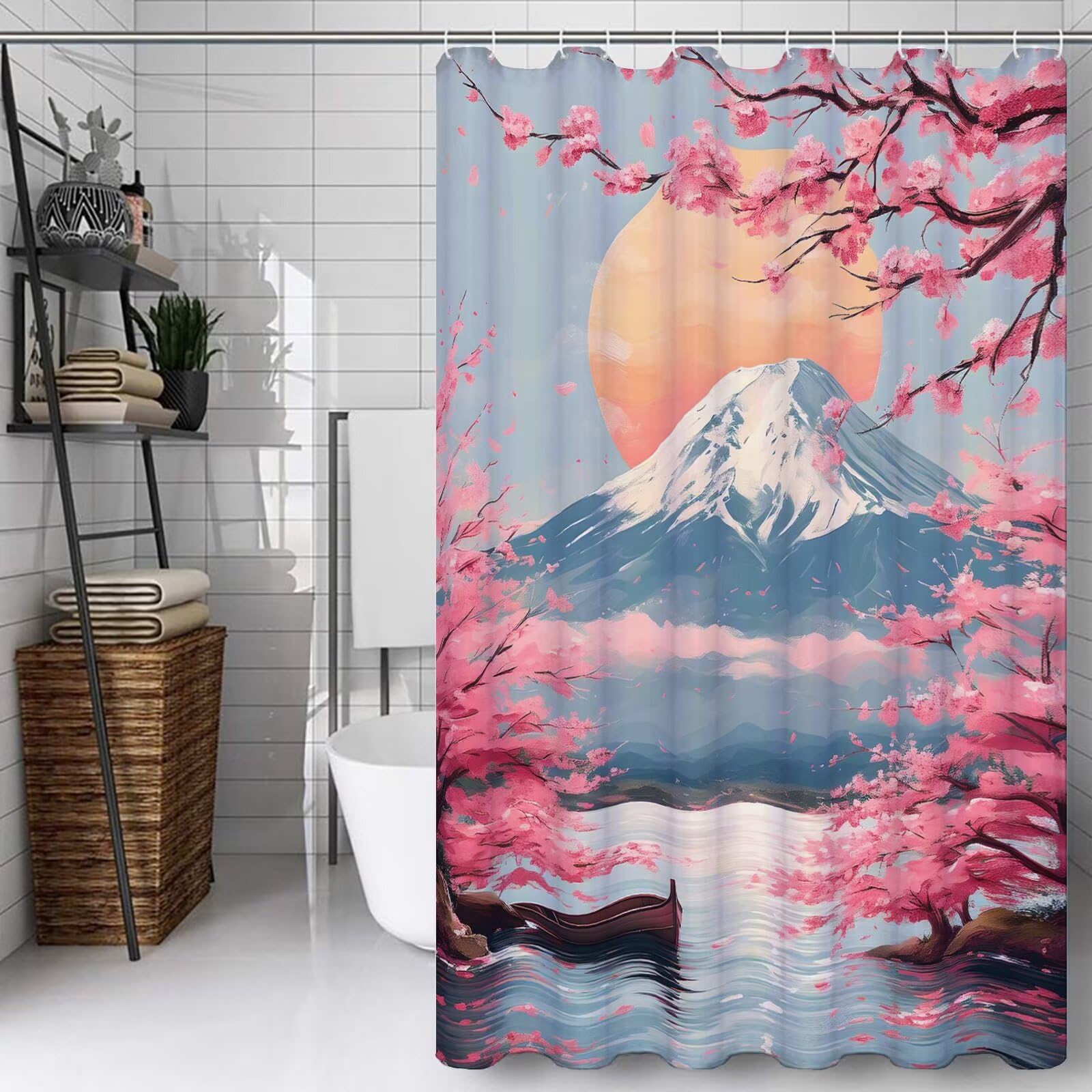 Rideau de douche rose Japon 150x210 cm en polyester avec 12 crochets