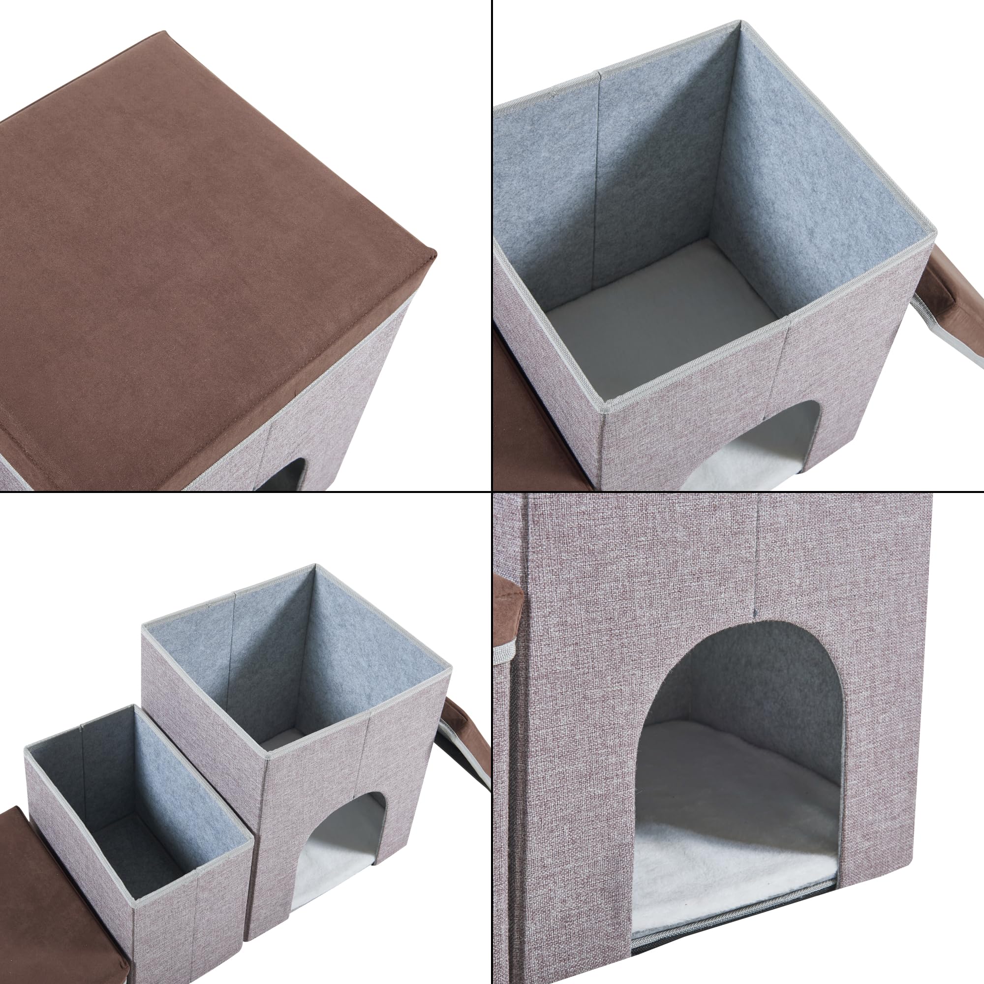 [en.casa] Scala a 3 Gradini per Cani e Gatti con Porticina Contenitori Pieghevoli con Coperchio Antiscivolo in Ecopelle 76 x 33 x 43 cm - Marrone Scuro/Grigio