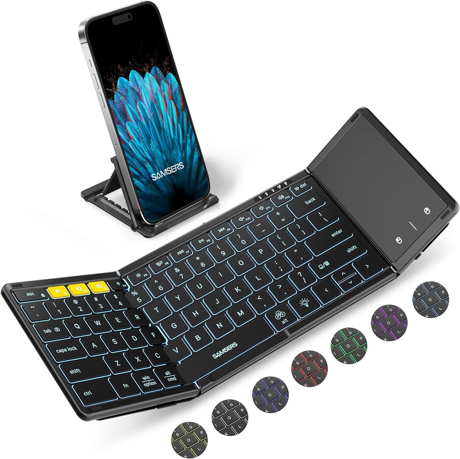 Samsers Foldable Bluetooth Keyboard with Touchpad, Full-Size Wireless Folding Keyboard with Backlight, Portable Travel Keyboard for iOS Android Windows Mac OS, Support 3 DeviceBT5.1 x 3, Black