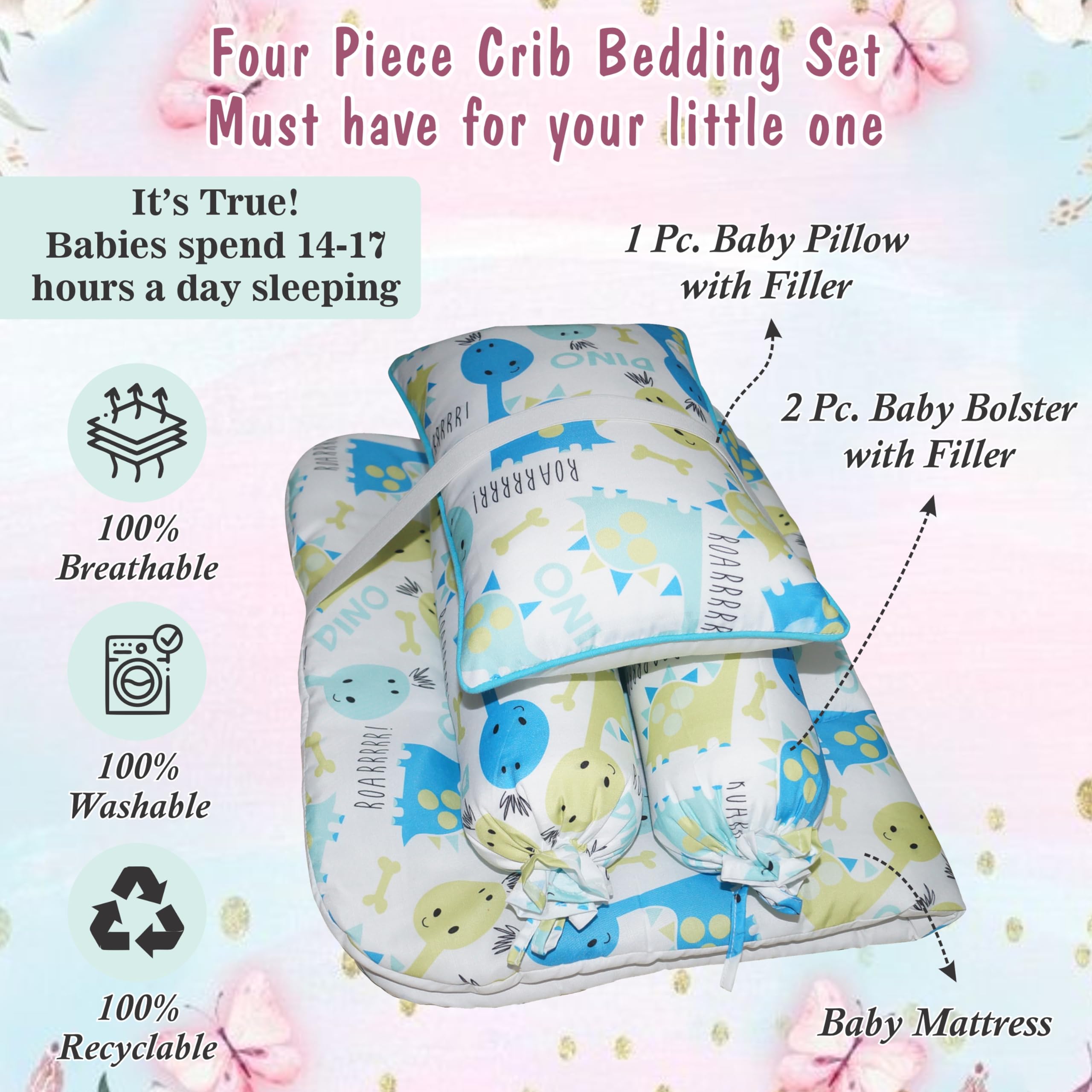 Oscar Home Gadda/Mattress Set with 2 Bolsters & One Pillow, Made in Soft Premium Eco Friendly Fabric for Newborns & Infants, Soft Comfortable Base (Pack of 4) Pieces, 0-2 Years β (Wild) (Esquire) 1