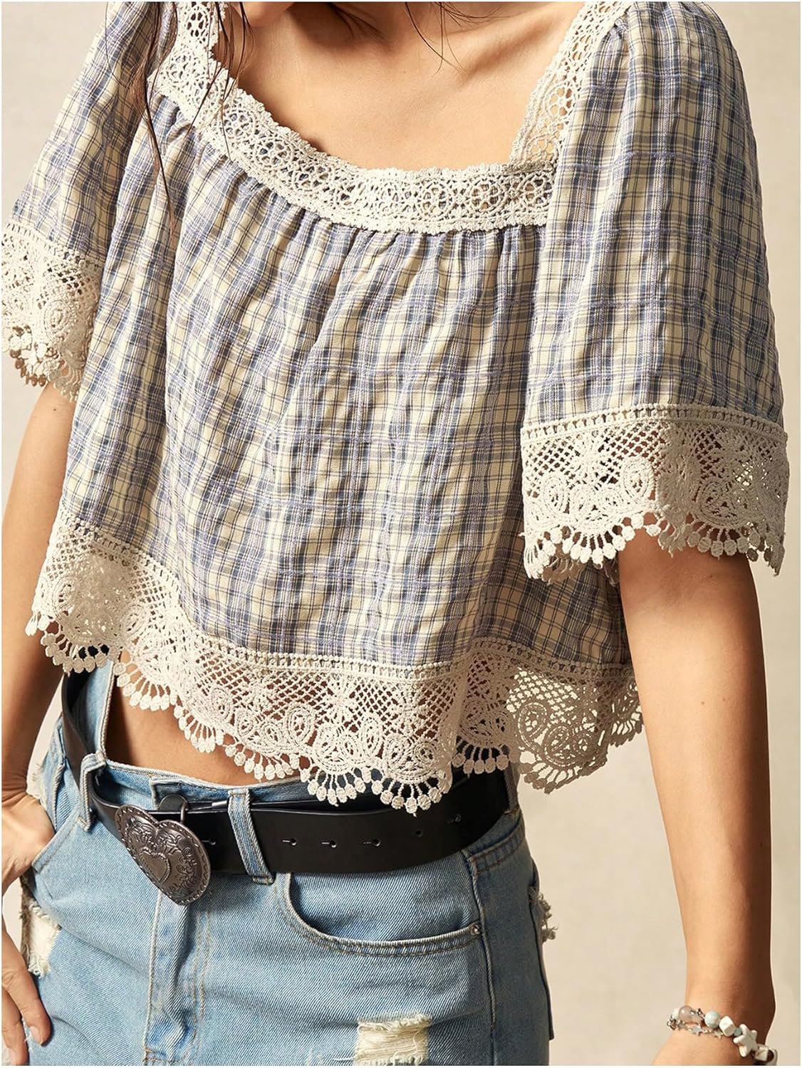 Women's Oversized Plaid Lace Blouses Square Neck Short Sleeve Shirts Crop Tops - Image 3