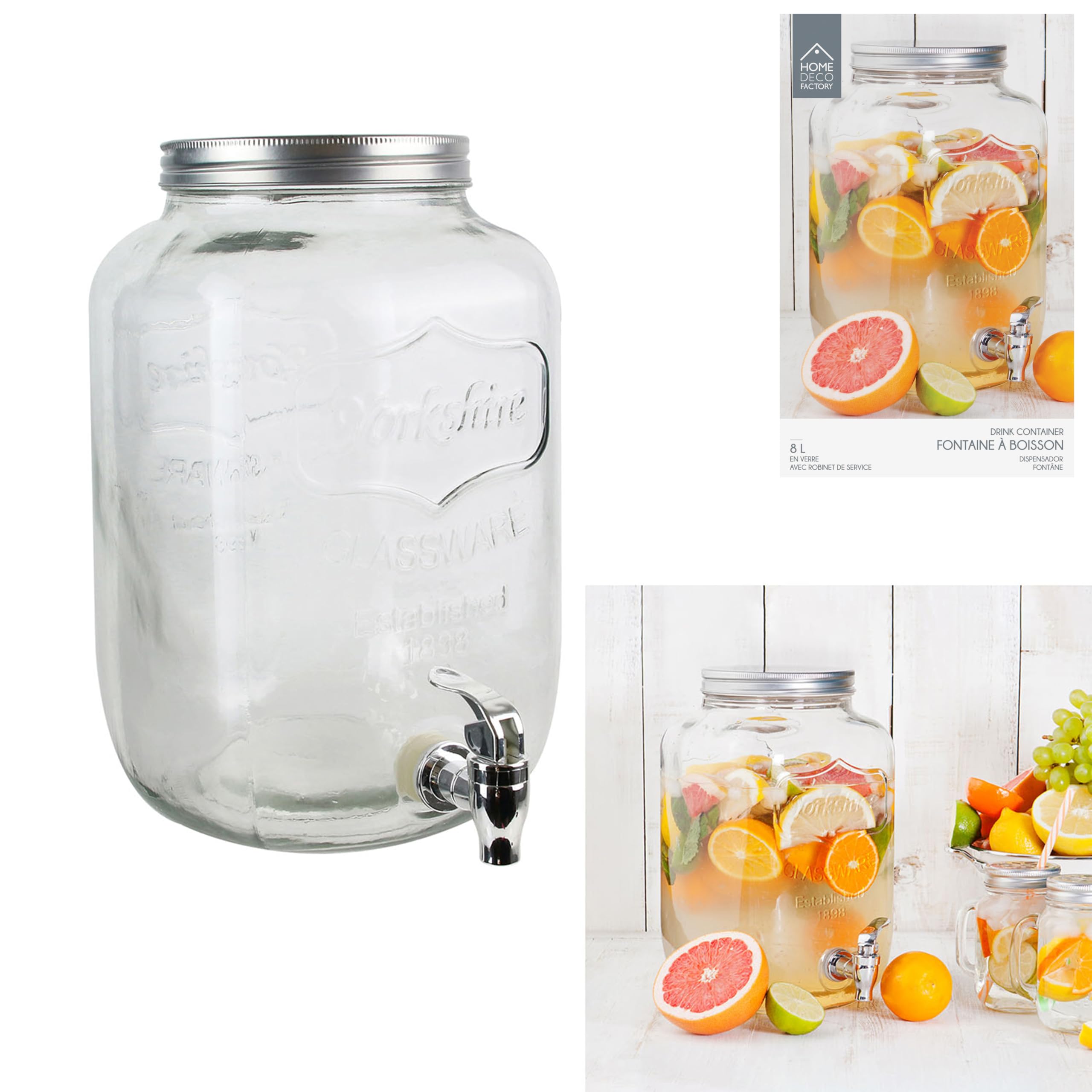 HOME DECO FACTORY - KV7177, Dispensador de Bebidas de Vidrio con Amplia Apertura y Grifo de Servicio, Diseñado para Toda la Familia, Ideal para Tus Bebidas - Capacidad: 8 L (Paquete de 2)