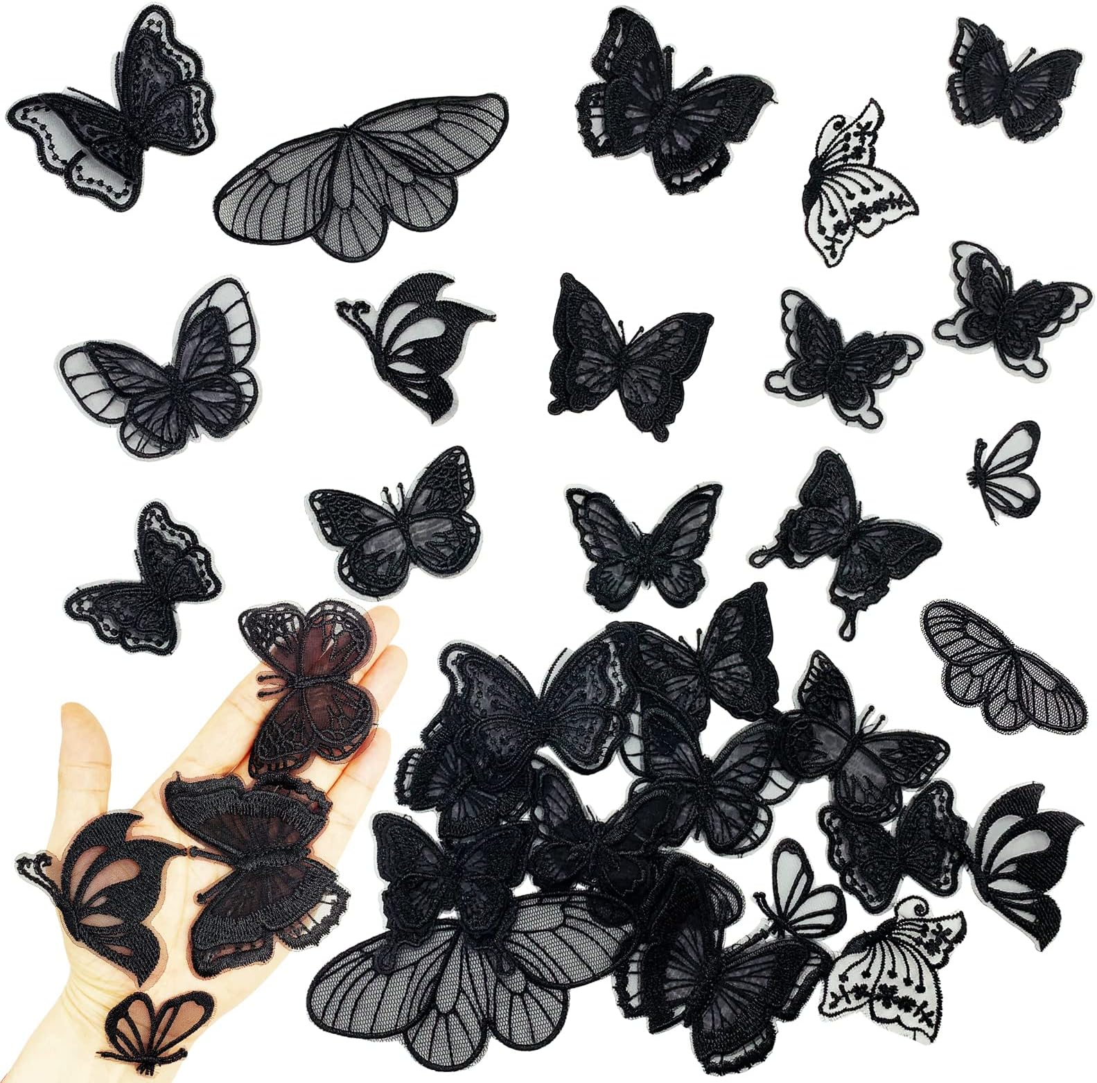 BETITETO 30Pieces Butterfly Lace Embroidered Appliques Sew On Patches for Wedding Bridal Dress Clothes Hair Accessories Sewing Craft DIY (Black)