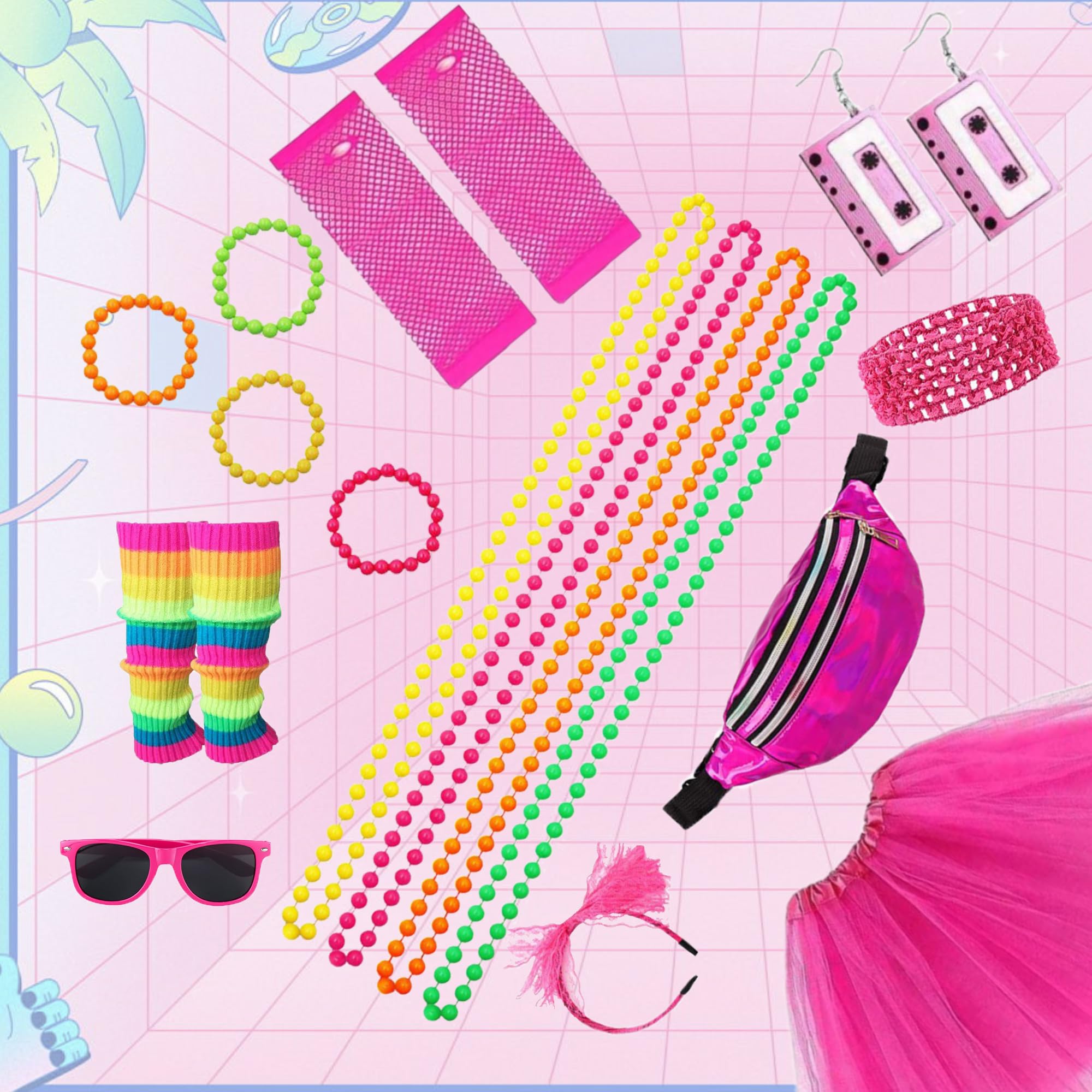 Hongleey 80s Fancy Dress for Women,1980s Fancy Party Costume Accessories Set including Tutu Skirt Leg Warmers Necklace Bracelets Fishnet Gloves 80s Lace Bow HeadbandEarrings Sunglasses - Image 3
