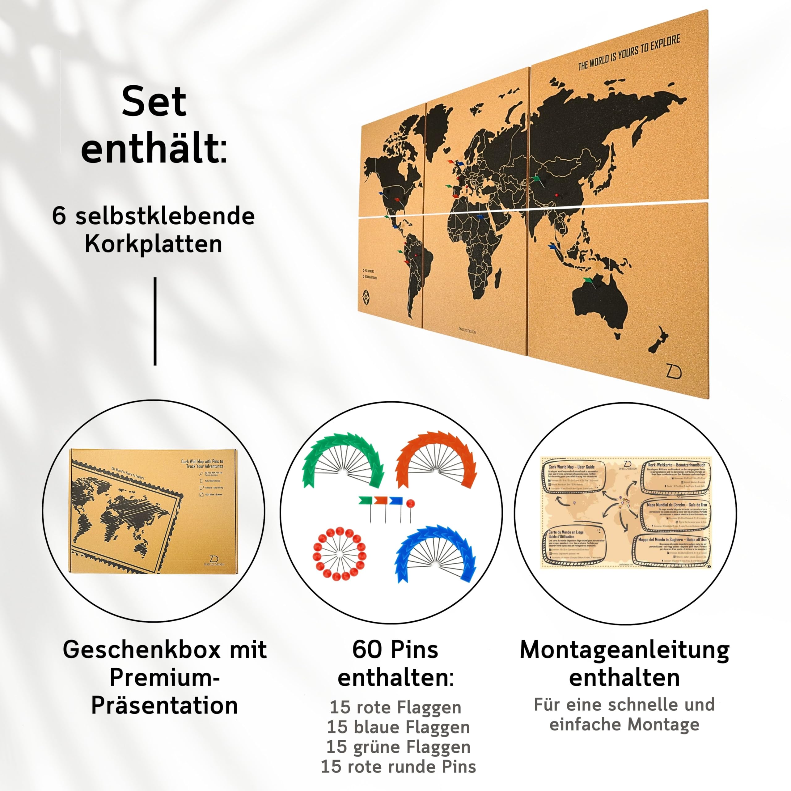 Weltkarte Pinnwand Kork XXL 120x60 cm – 6 Selbstklebende Paneele – Weltkarte zum Pinnen mit Pins – Korkplatte Wanddeko – 60 Pinnadeln Inklusive