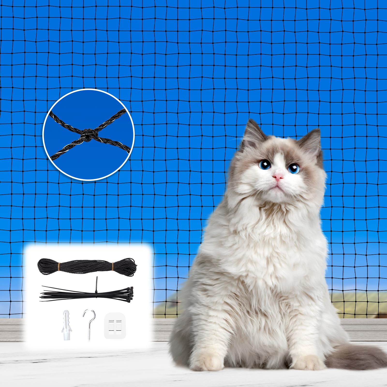 Kfonla Red para Gatos para Terrazas, 8 x 3 M Red Gatos terraza Reforzada con Clavos y Ganchos Adhesivos, Red Gatos Ventanas Sin Taladro, Red para Gatos para Balcones, Terrazas,Ventanas y Vallados