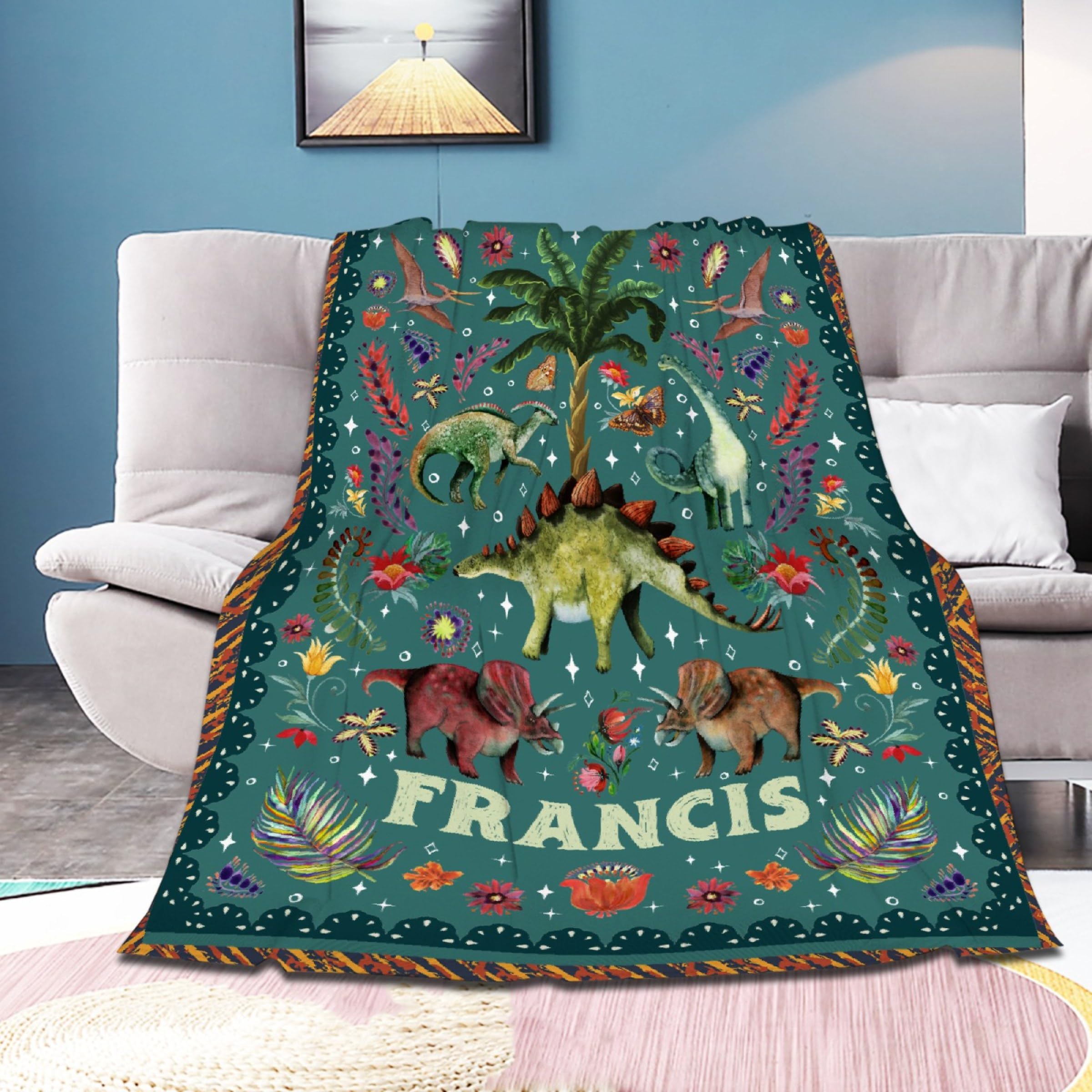 Personalized Dinosaurs Blanket Gift for Boy Girl,Custom Dinosaur Blanket