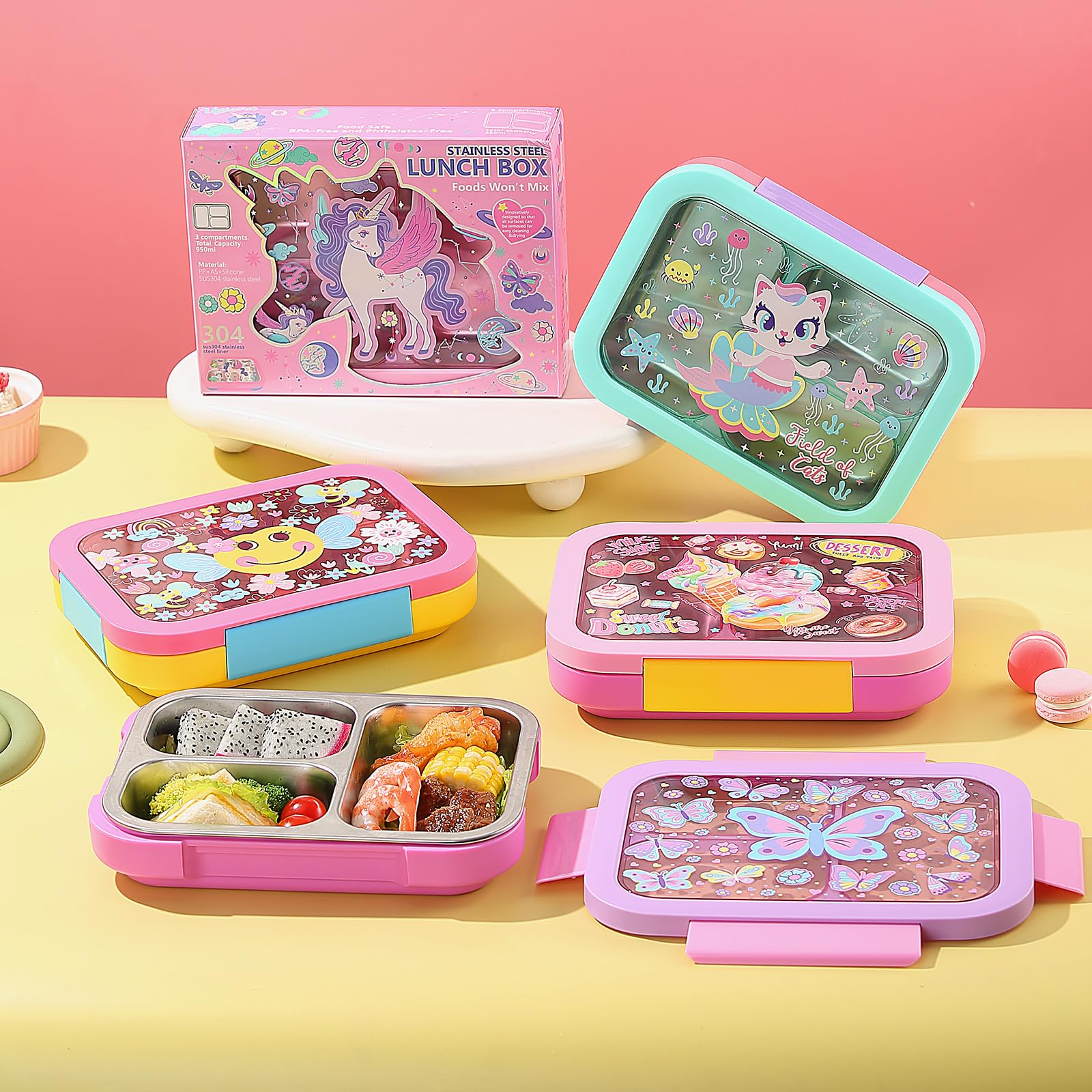 PinkSheep Edelstahl Brotdose Kinder mit 3 Fächern und Dichtring 950ml Lunchbox Personalisiert, BPA-freie, Auslaufsicher, Bento Box für Picknick Schulschüler Mittagessen Snack (Schmetterling)