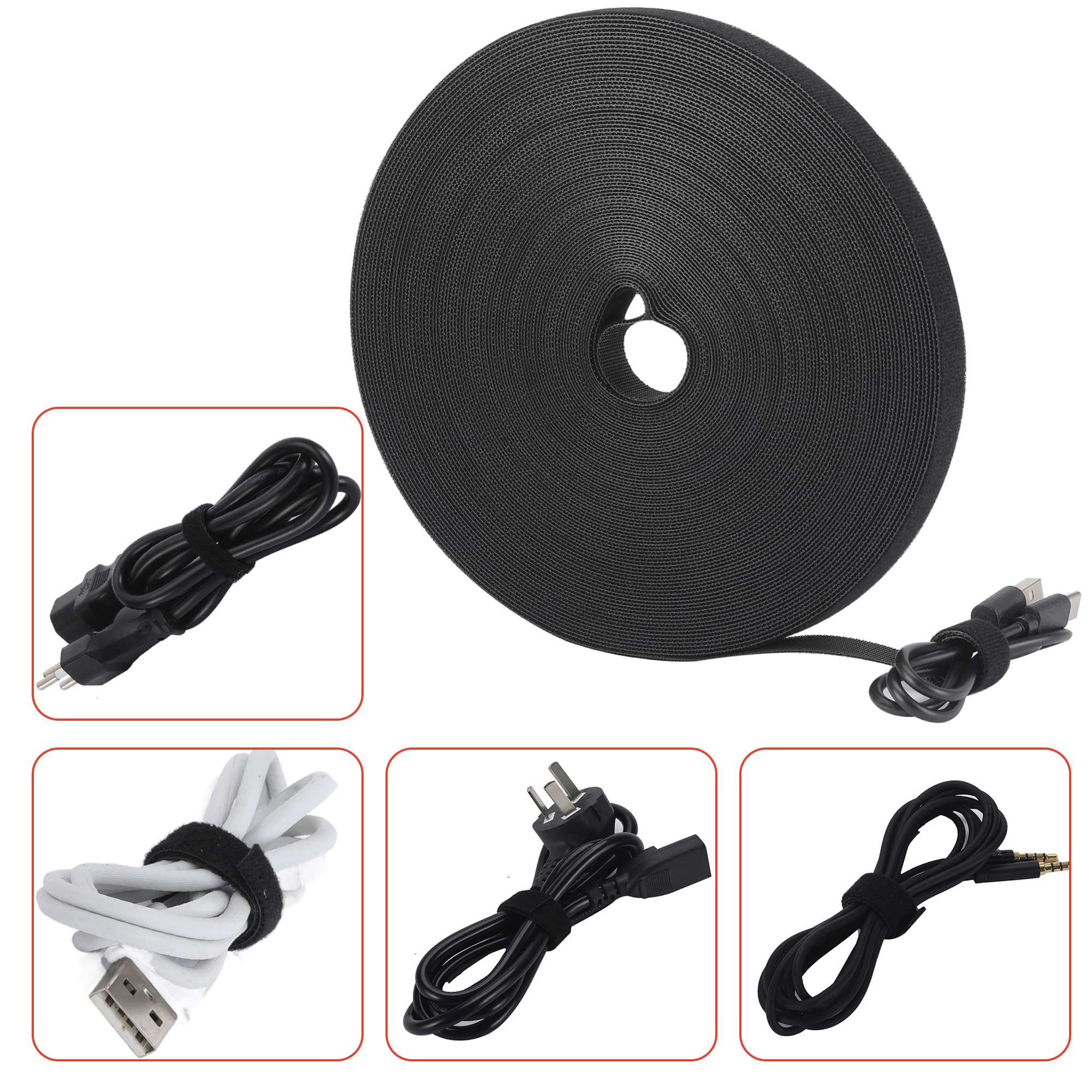 Lote de 5 rollos de tiras autoadherentes - 1,27 cm de ancho - Sujetadores de cable reutilizables negros - Correas de doble cara para la organización del hogar (22,9 m x 5 rollos)