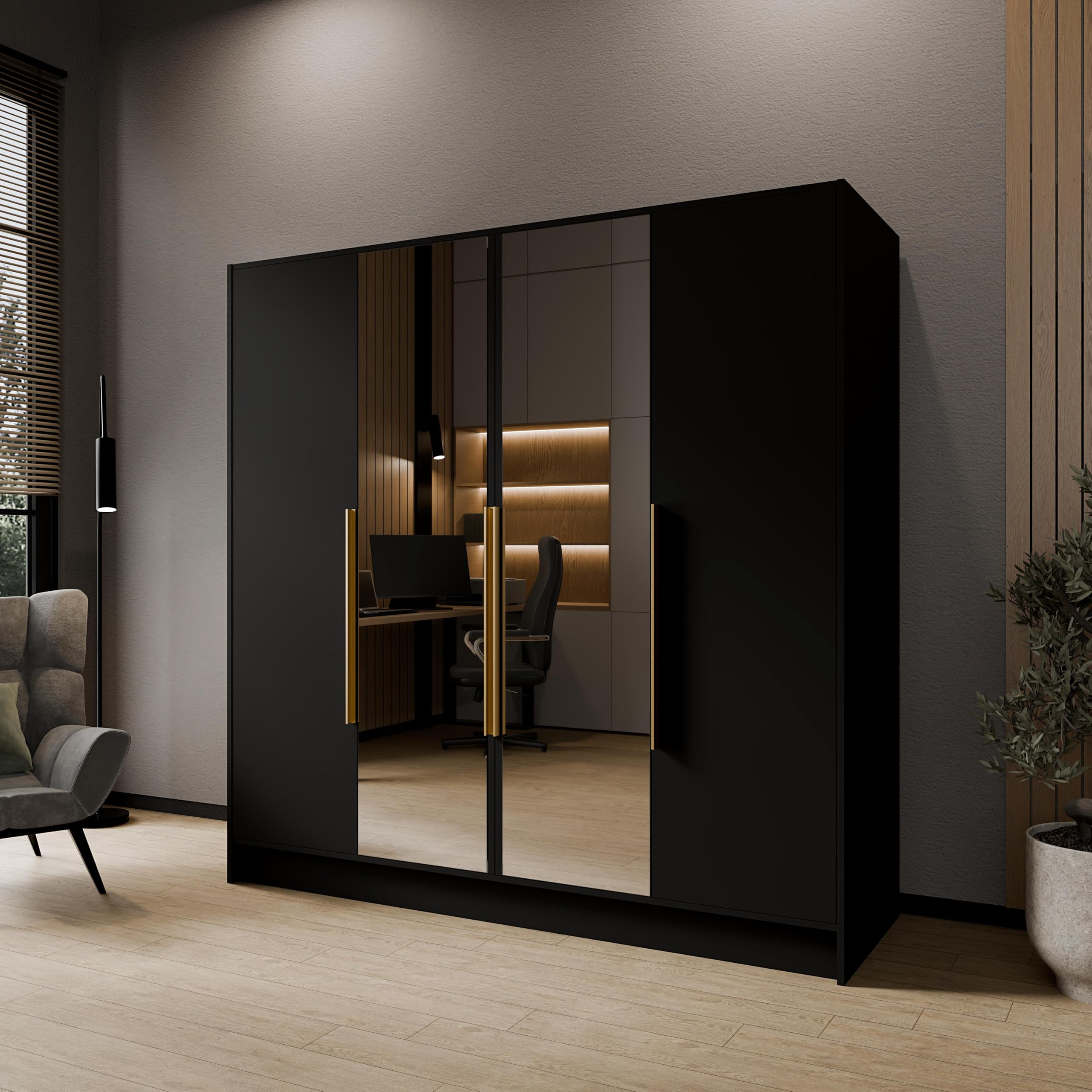 Drehtürenschrank Goya Kleiderschrank, Spiegel, Griffen, Push-to-Open Tip-ON, großer Stauraum, Regale, Glatte Türen (schwarz, goldene Griffe, mit Spiegel, 200 cm)