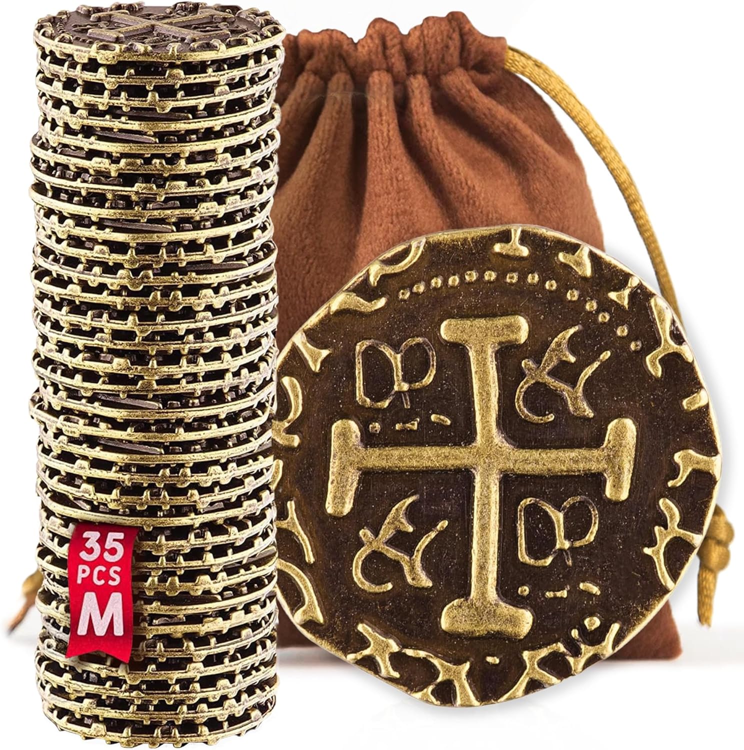 Metal Pirate Coins - 100 Bronze Treasure Coin Set, Metal Replica Spanish Doubloons for Pirate Party Decorations & Favors, Tokens, Toys, Cosplay - Pirate Treasure Chest, Diameter 7/8"