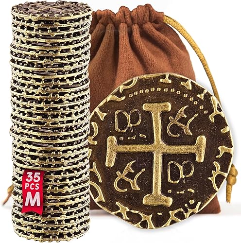 Monedas de pirata de metal, juego de 35 monedas del tesoro de bronce mediano, réplica de metal doblones españoles para juegos de mesa, fichas,