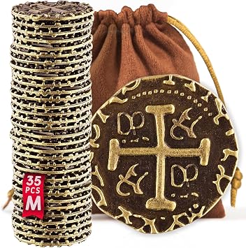 Metal Pirate Coins - 35 Medium Bronze Treasure Coin Set, Metal Replica Spanish Doubloons for Board Games, Tokens, Toys, Cosplay, Realistic Money Imitation, Pirate Treasure Chest, Diameter 7/8"
