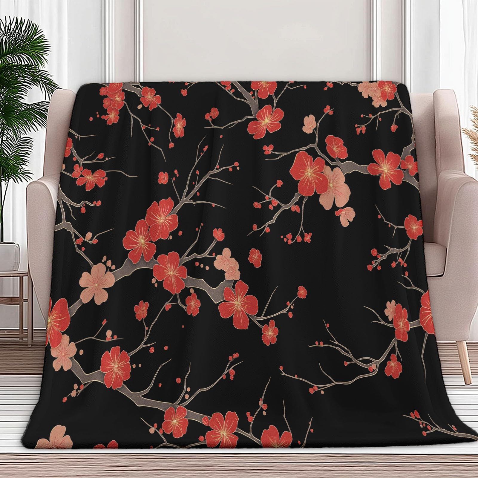 Couvertures de Canape Polaire Moelleuse Noir Fleur de Cerisier Finition Douillette