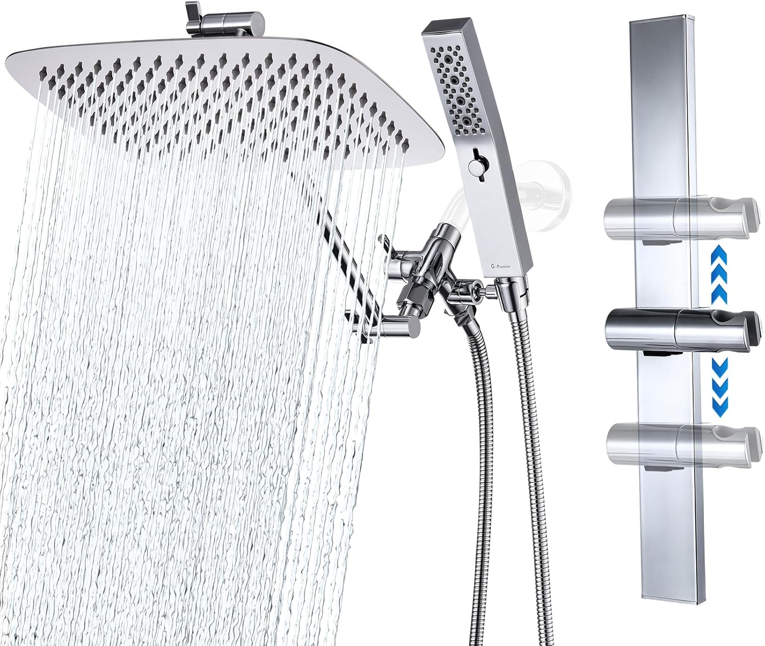 G-Promise Square Metal Shower Head with Handheld and Slide Bar Holder, 12-Inch Shower Extension Arm, Adjustable, Easy Installation, 3-Year Warranty