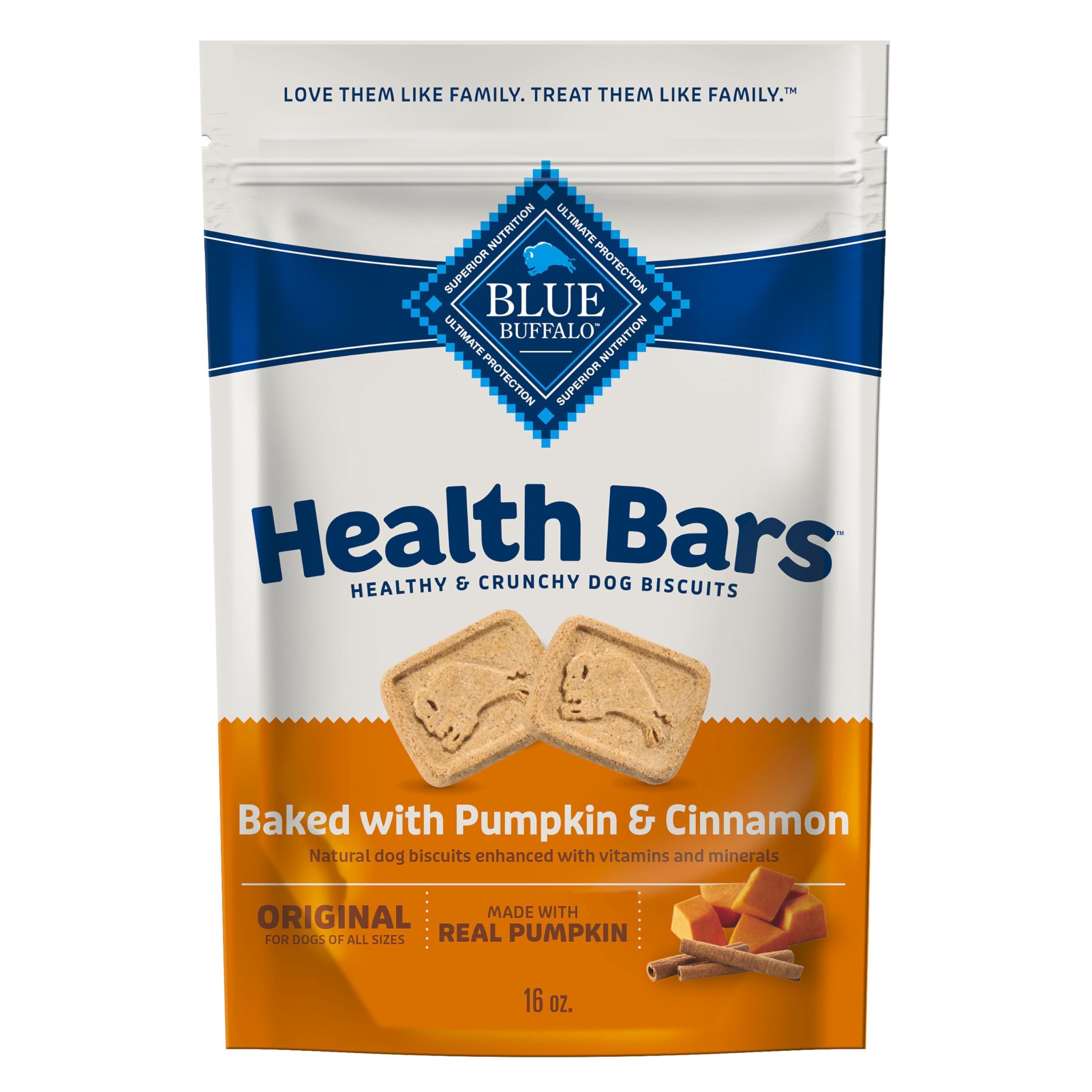 Blue Buffalo Health Bars Crunchy Dog Biscuits, Oven-Baked with Natural Ingredients, Pumpkin & Cinnamon, 16-oz Bag