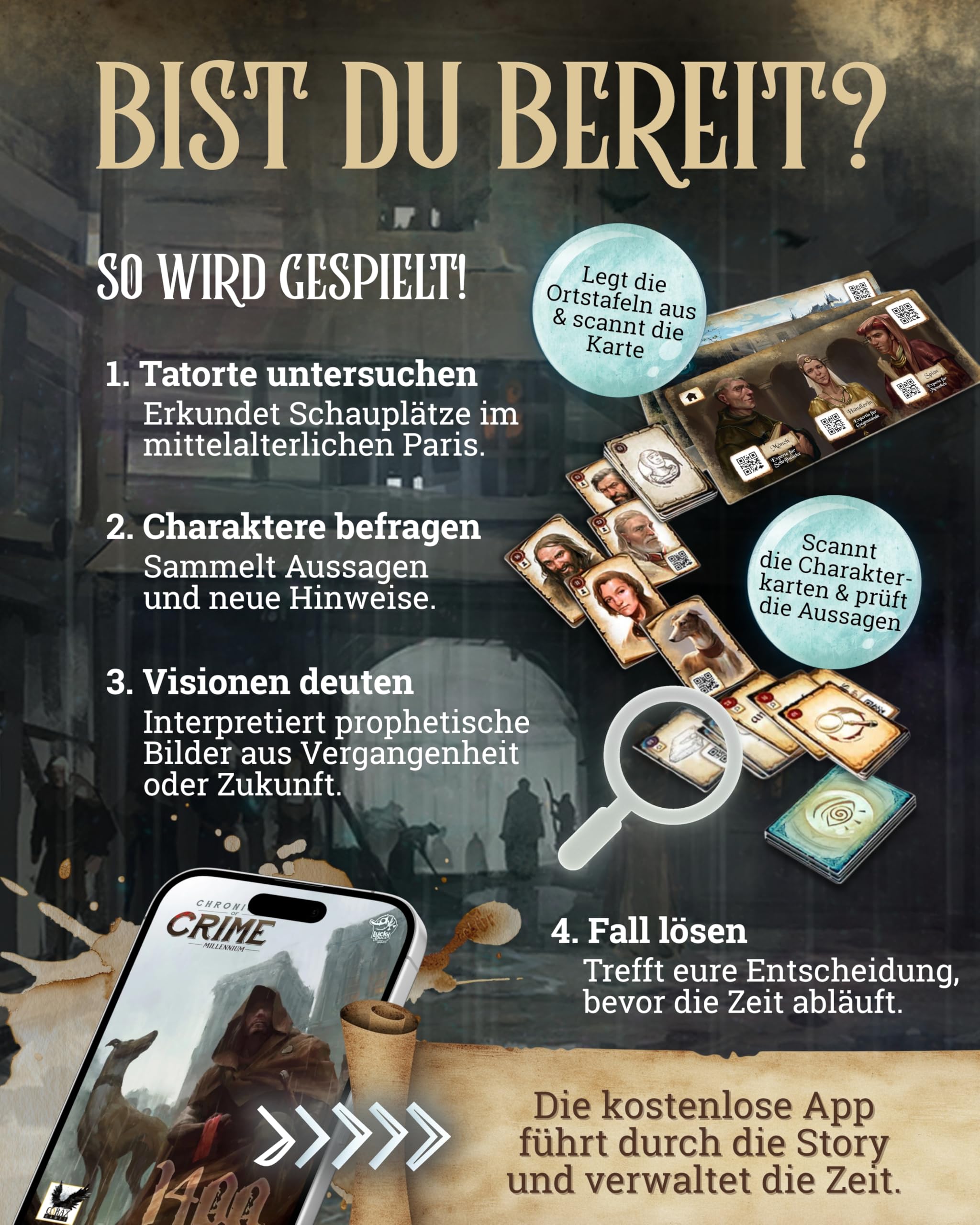 CORAX GAMES Chronicles of Crime - Millennium 1400 Brettspiel I Mittelalterliches Detektivspiel mit Visionskarten & App-Ermittlung I Narratives Krimispiel für 1-4 Spieler ab 12 Jahren