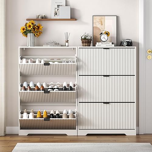 Miniatura 3 de Armario de zapatos para entrada con 3 cajones abatibles, armario de zapatos blanco acanalado con estantes ajustables, zapatero oculto de madera