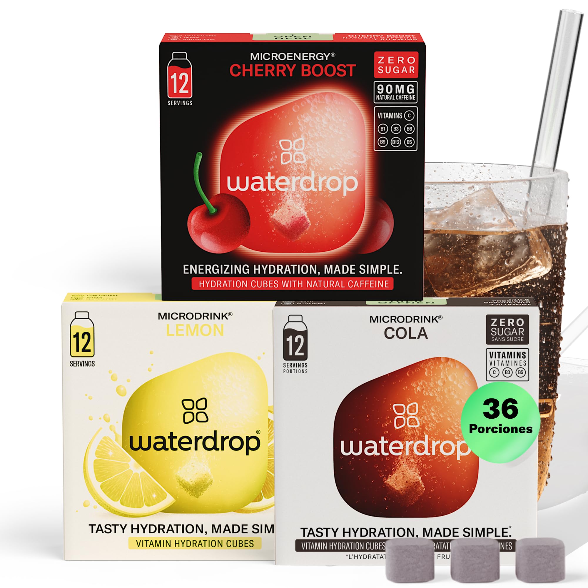 waterdrop® Microdrink Mix, 36 Pastillas Saborizantes Para Agua, Bebidas Mix Sabores COLA, LIMÓN, CEREZA.Sin Azúcar, baja en calorías y con vitaminas, Bebida Instantánea, Polvo de Hidratación