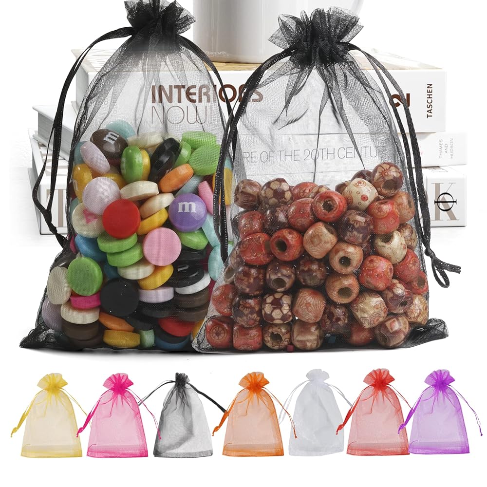 ANZNKU 100 Pack Premium Organza Bags, Black Drawstring Wedding Favor, 4x6 Inches Small Mesh for Halloween, Jewelry, Party, Christmas - Sheer Gift
