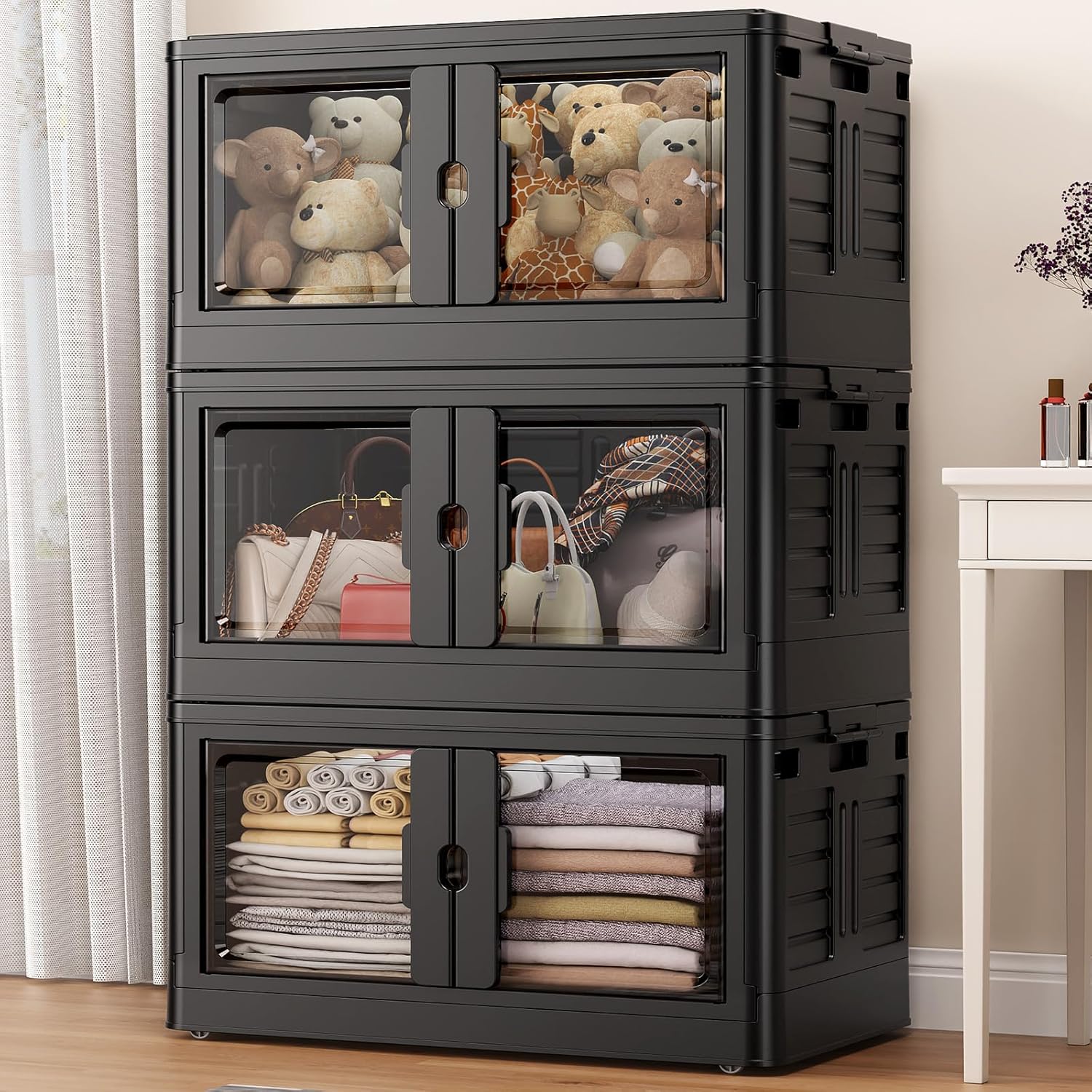 3-Pack 115Qt Stackable Storage Bins with Lids, Wheels & Front Doors Large Collapsible Plastic Closet Organizers and Storage Cabinets for Home, Bedroom, Office Organization, V7 Black