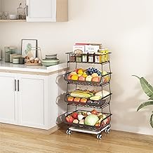 Wisdom Star 4 Tier Fruit Vegetable Basket for Kitchen, Fruit Vegetable Storage Cart, Vegetable Basket Bins for Onions and Potatoes, Wire Storage Basket Organizer Utility Cart with Wheels, Large, Black