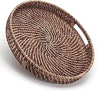 DECRAFTS Round Rattan Woven Serving Tray with Handles - 11" Honey Brown Ottoman Tray for Coffee Table, Breakfast, Snacks & Decor