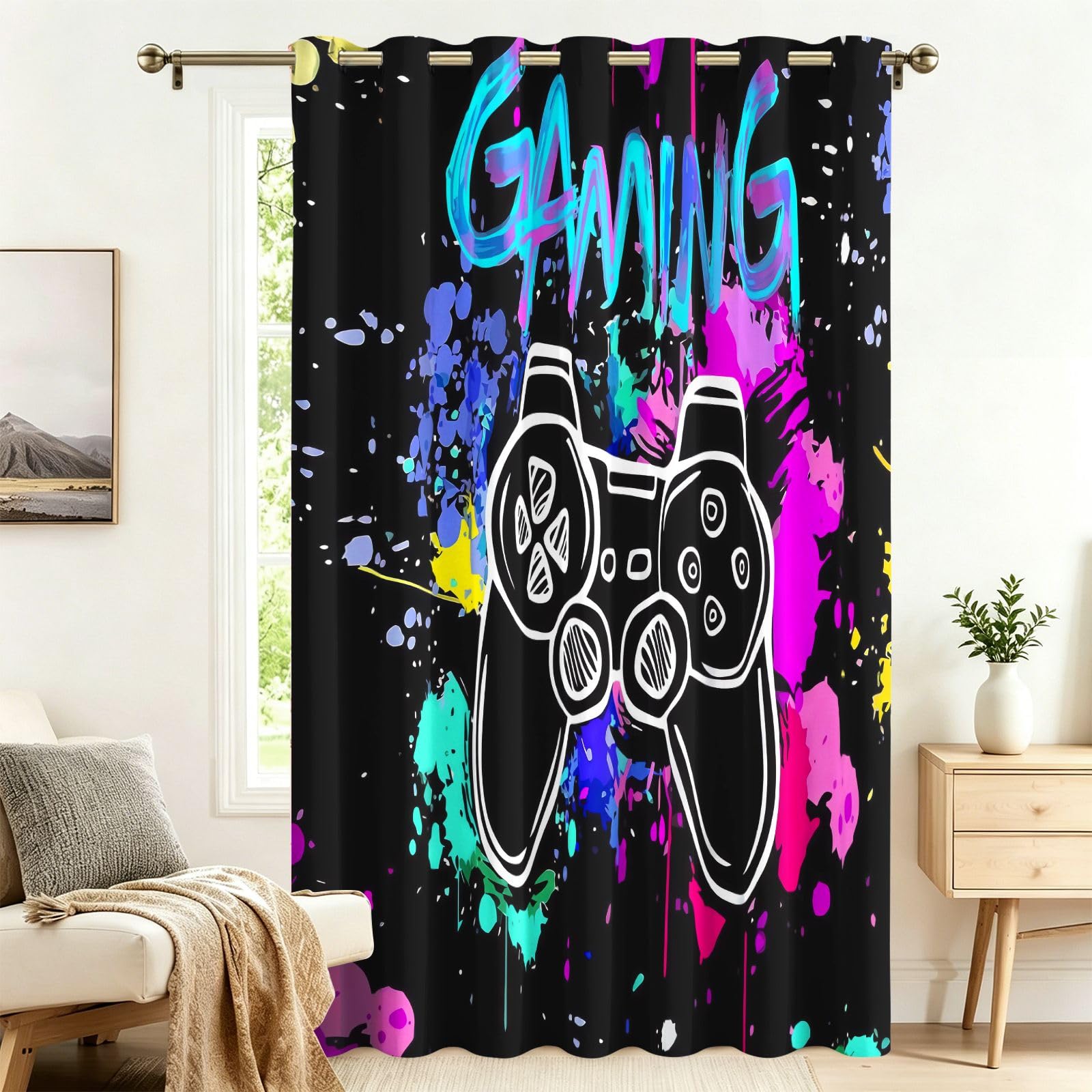 Fadaing Room Divider Curtains, Blackout, Esports Game Controller Curtains with Eyelets, 1 Piece, 214 x 132 cm, Darkening Thermal Curtains, Heat Insulating, Winter, Summer, Thermal Protection, Indoor