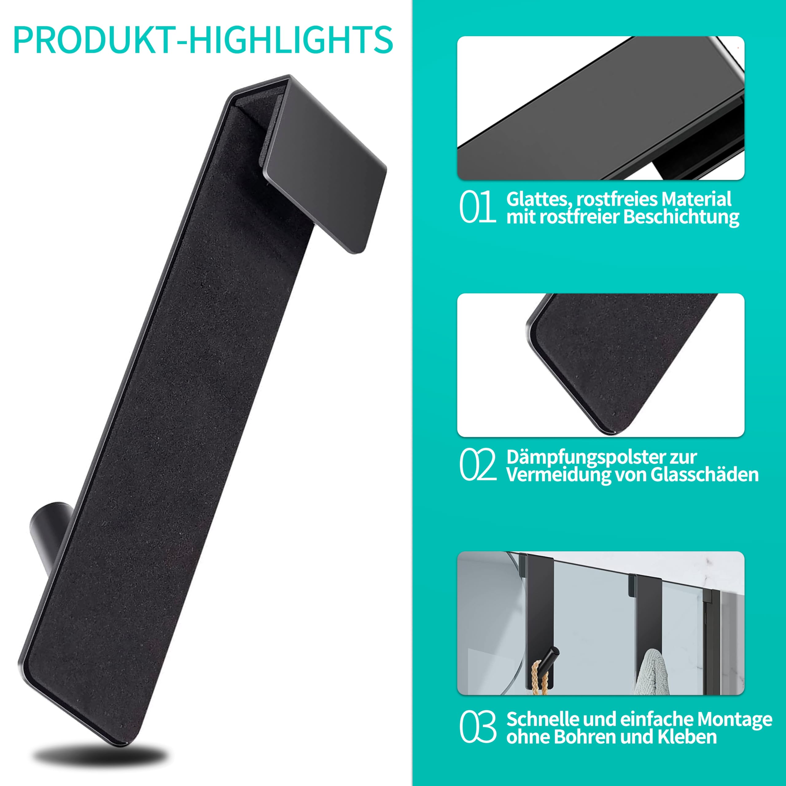 Handdoekhouder, roestvrij staal, zonder boren, deurhaak voor glazen wand, zwart, handdoekhouder, douchewand met beschermmat, douchewandhouder voor douchewissers, handdoeken, douchewisser, 2 stuks