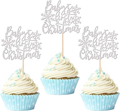 24 PCS Babys First Christmas Cupcake Toppers Glitter Baby Shower Xmas Snowflake Cupcake Picks for Merry Christmas Theme New Year Holiday Birthday Party Cake Decorations Supplies Silver