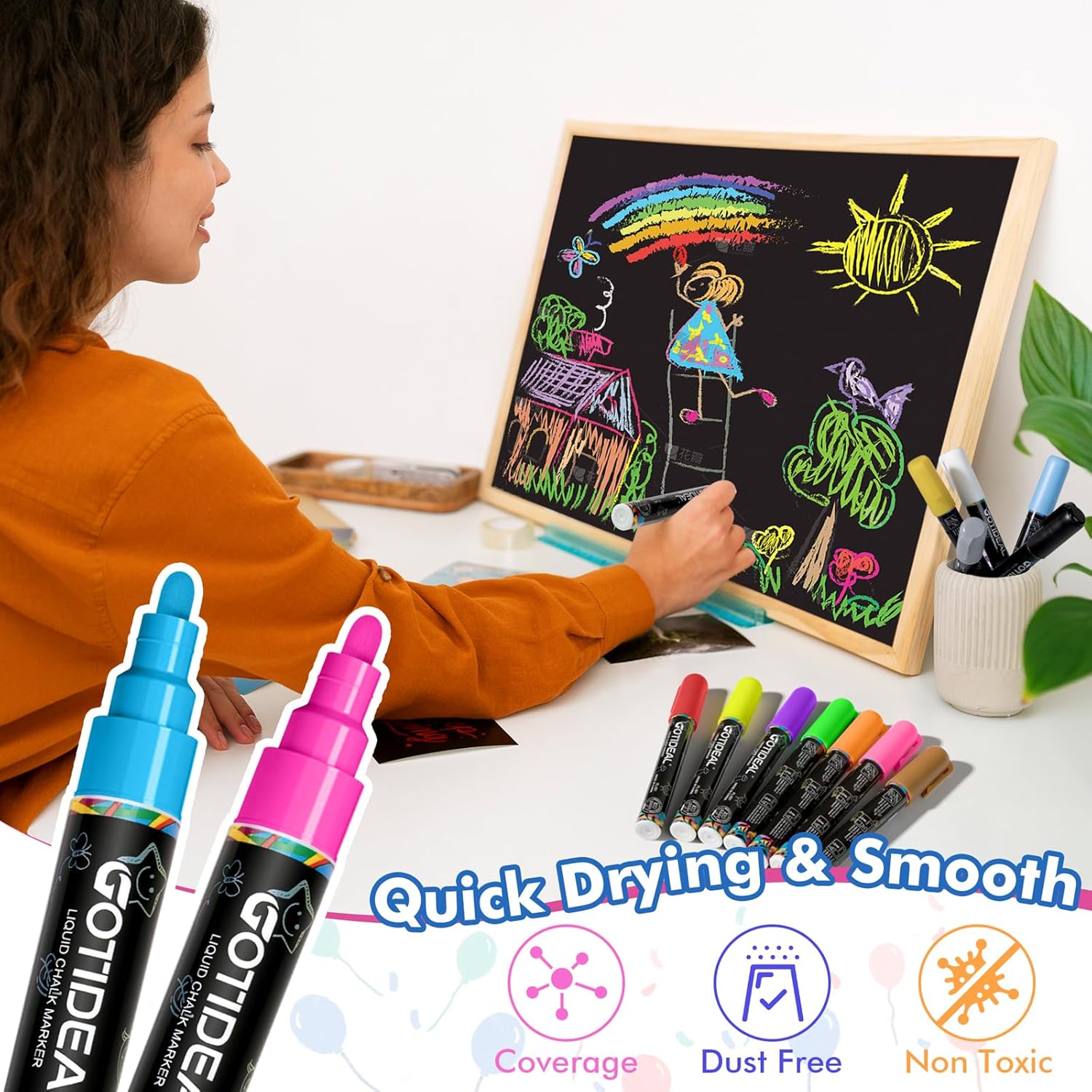 GOTIDEAL Chalk Markers,12 Colors Liquid Chalk Markers for Blackboard Chalkboard Glass Neon Pens, Washable Window markers Paint and Drawing for Car, Auto, Calendar, Menu,Mirror Wet Erasable Chisel Tip - Image 6